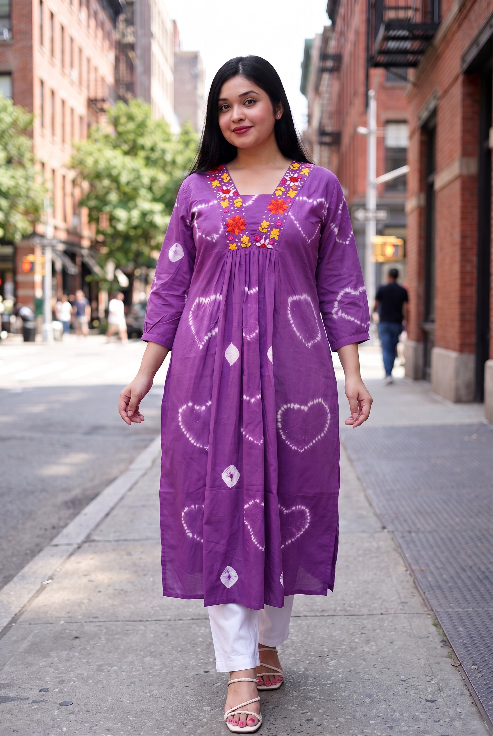 Purple Bandhani With Hand Embroidery Cotton Kurta