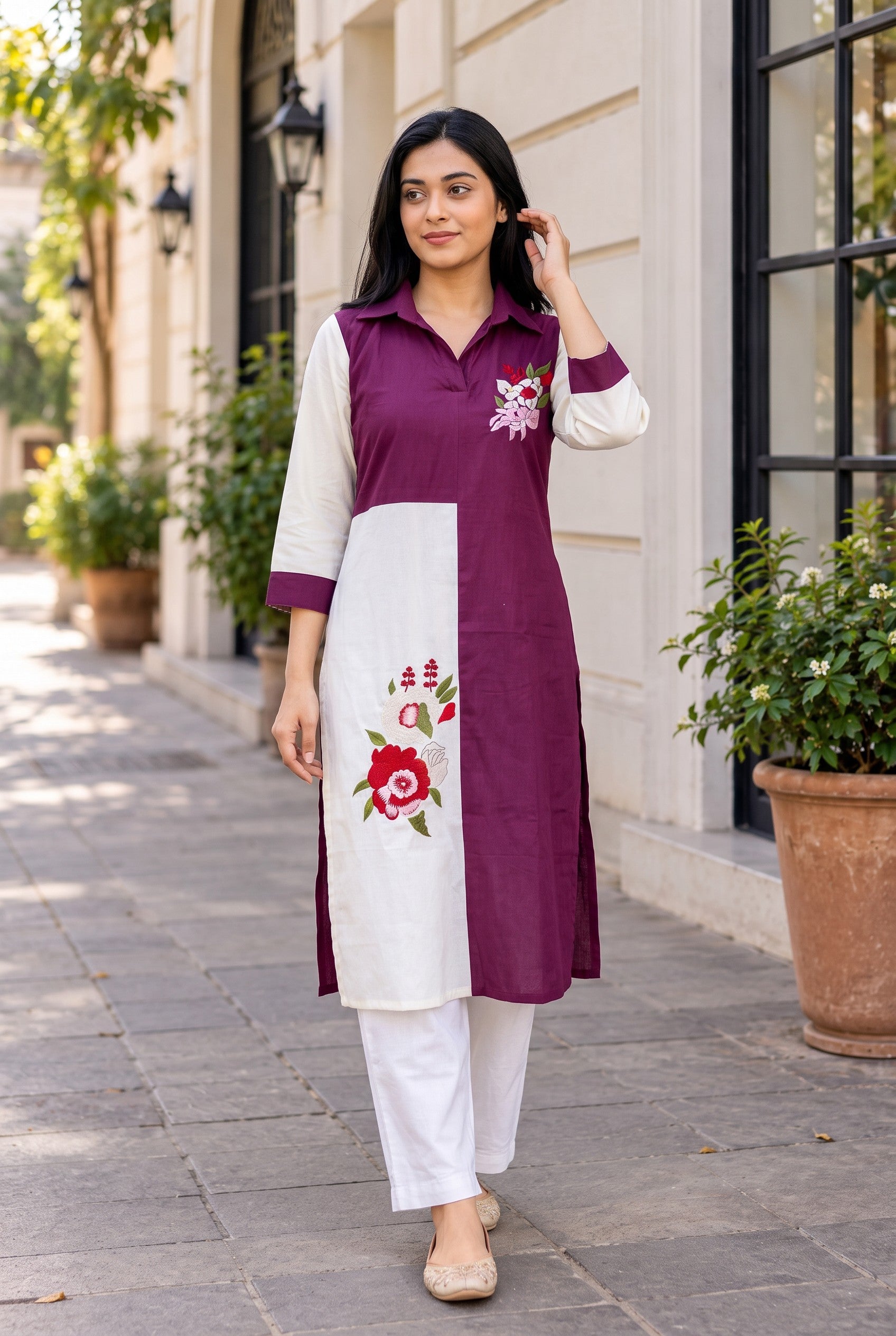 Plum White Embroidered Cotton Long Kurta