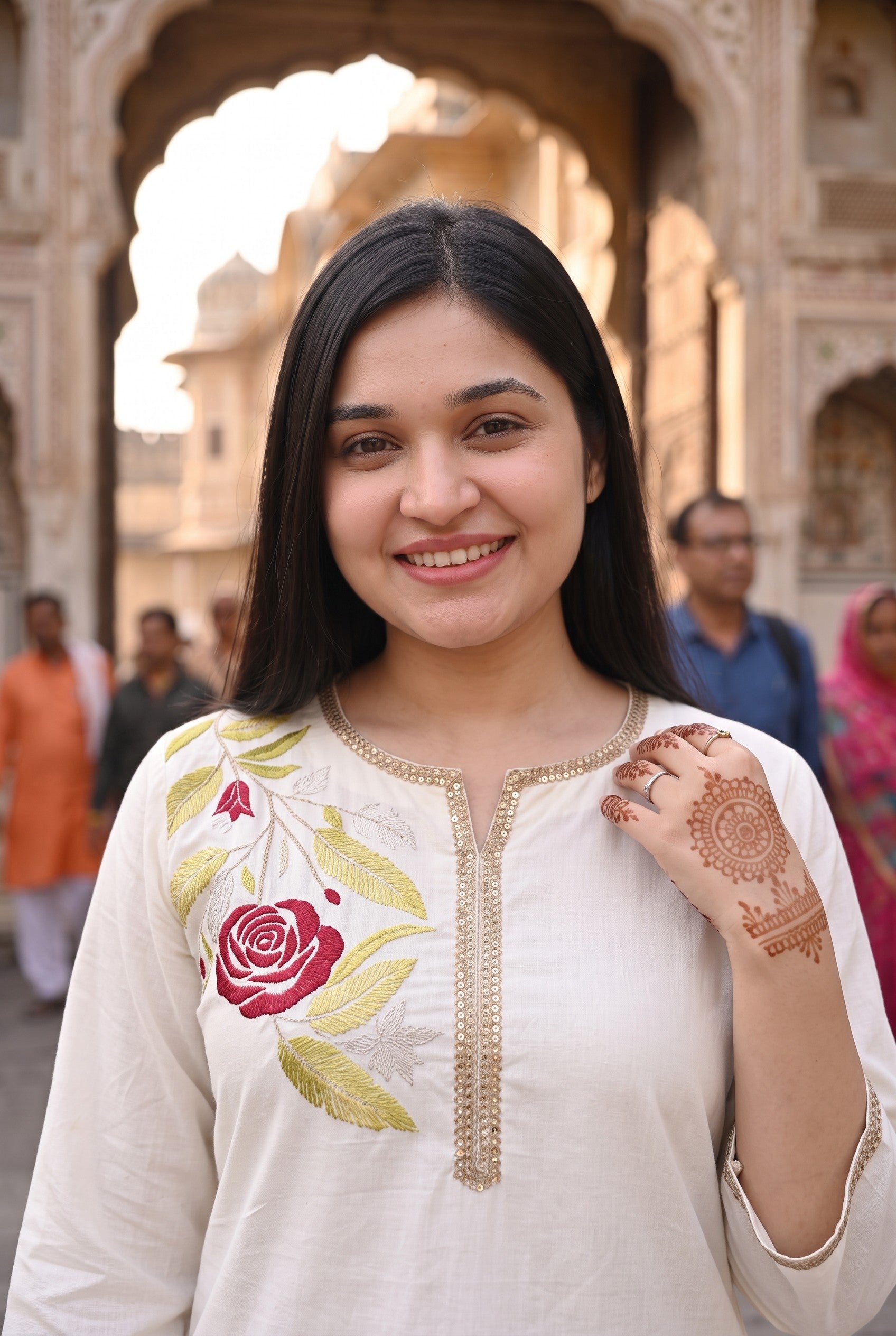 Off White Cotton Embroidered Kurta