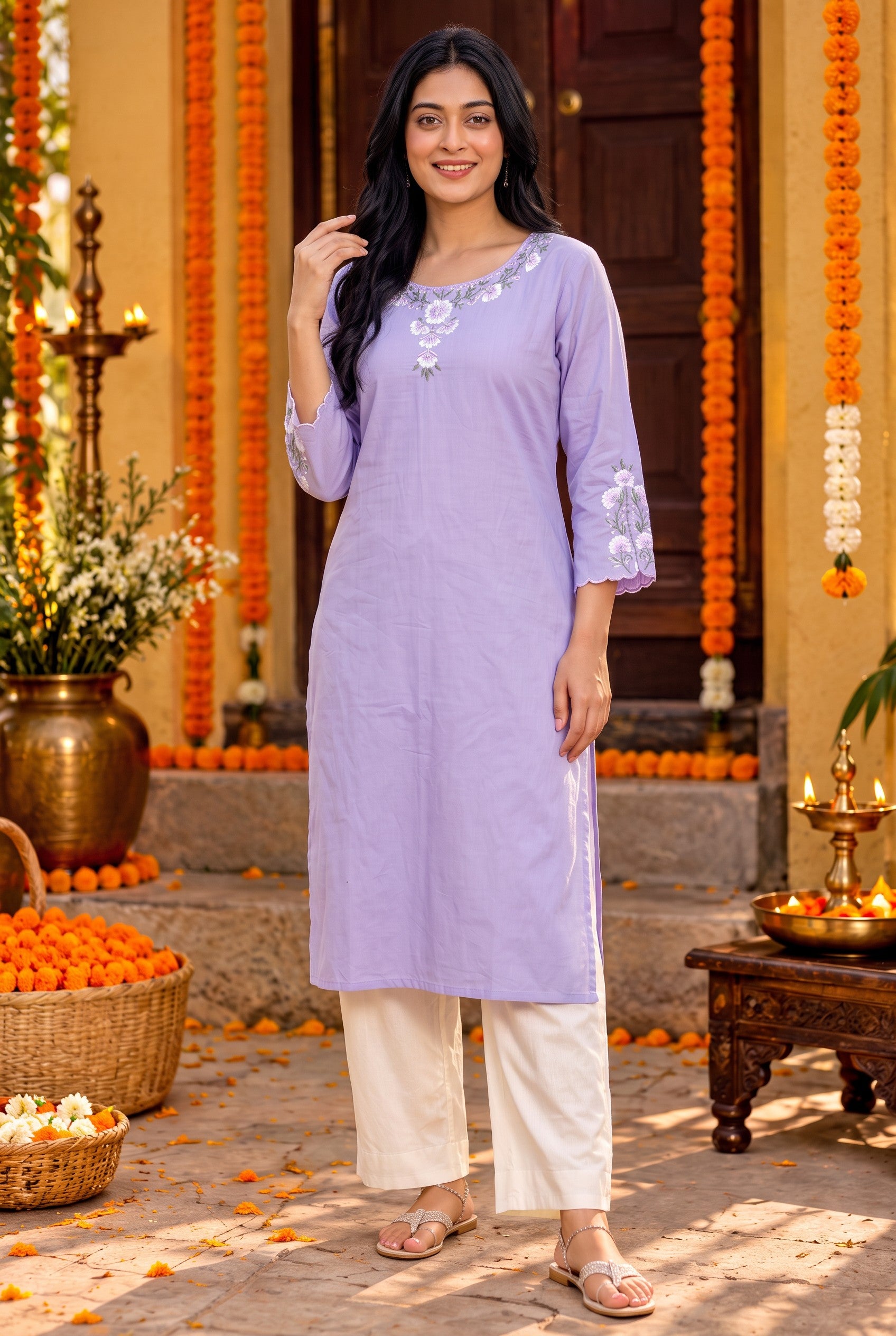 Lavender Colour Cotton Embroidered Kurta