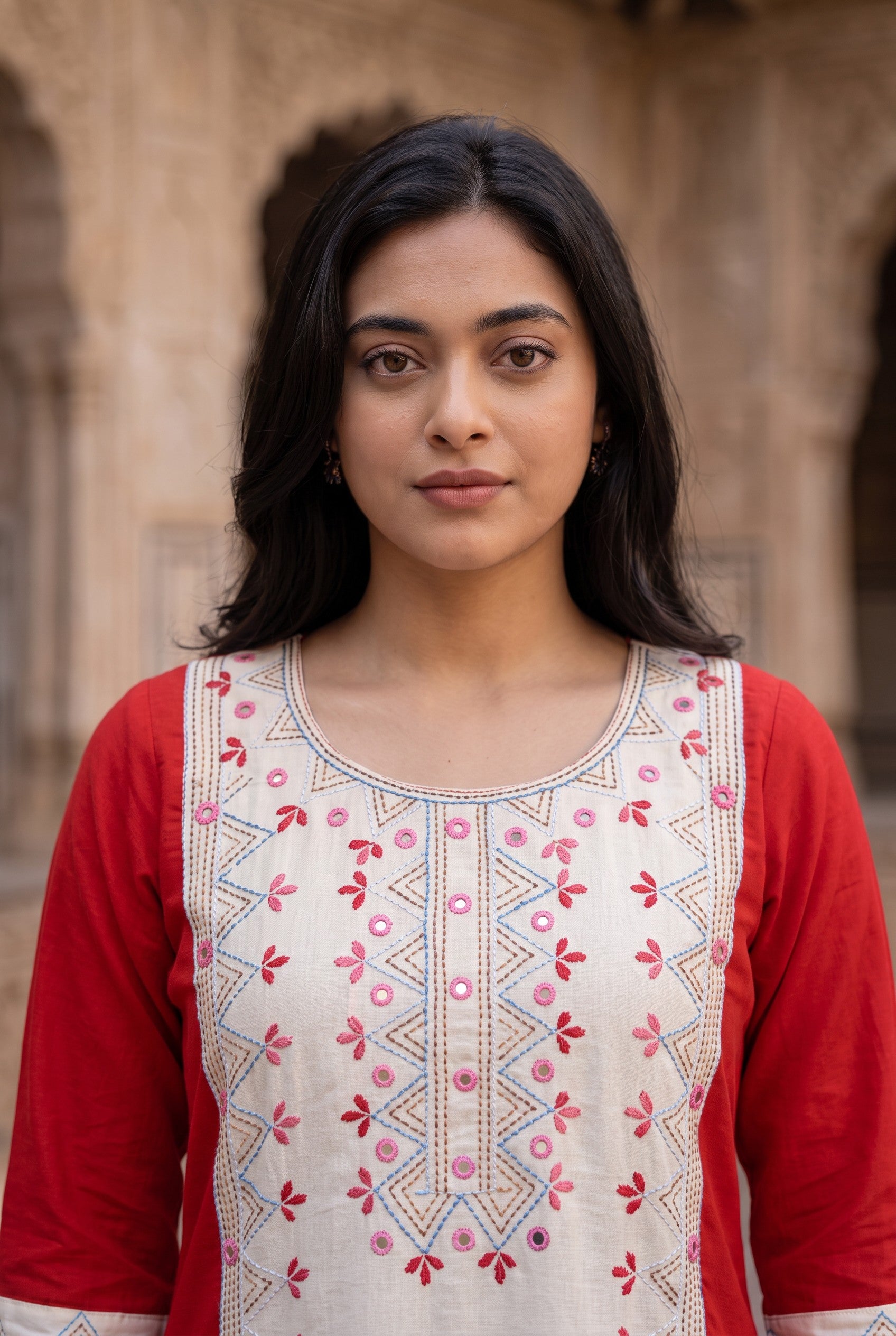 Off White-Red Cotton Hand Embroidered Kurta