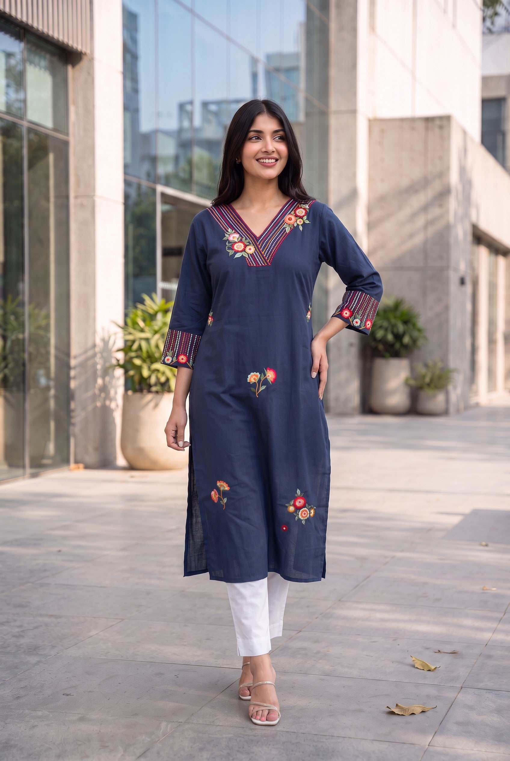 Mid Night Blue Cotton Embroidered Kurta