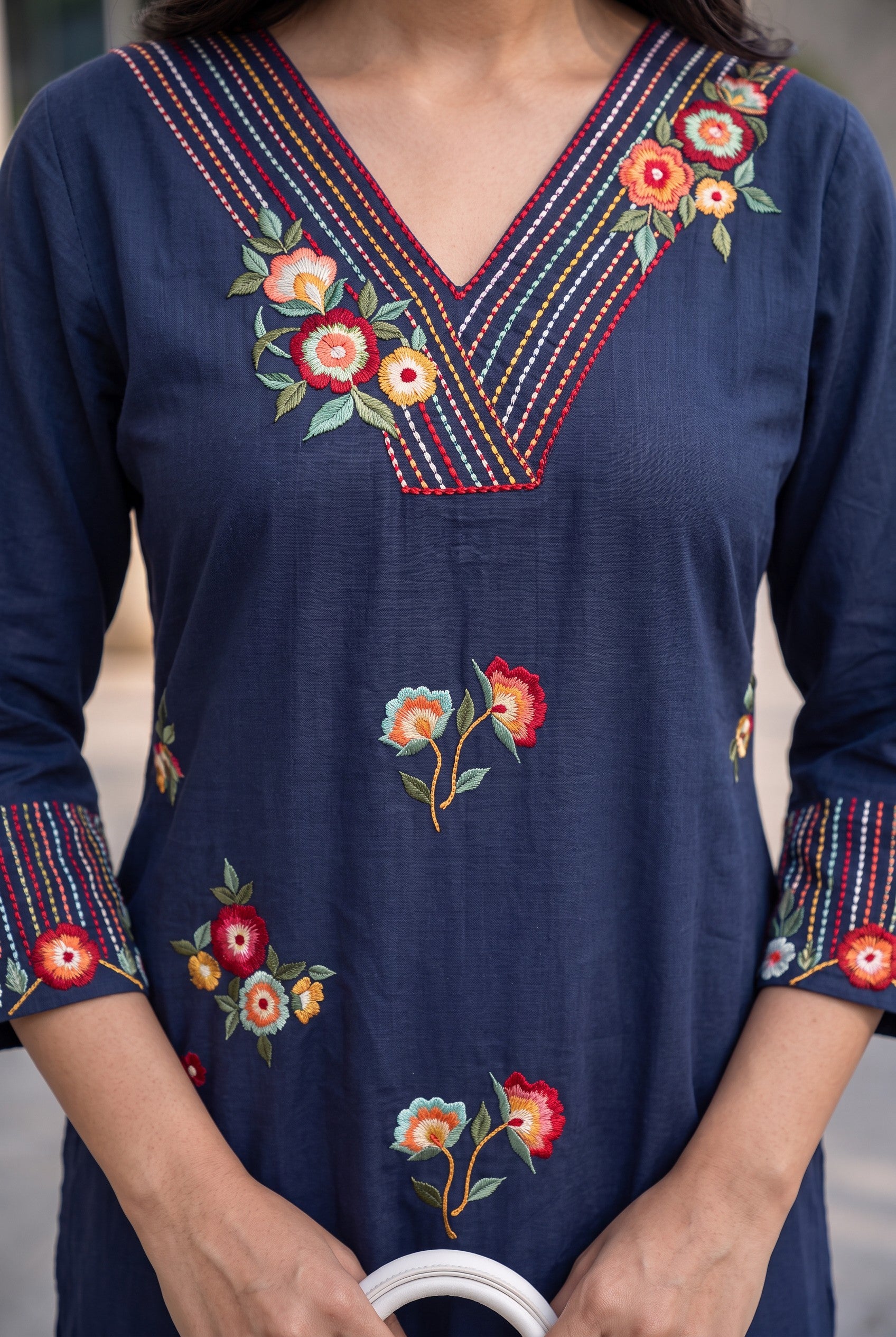 Mid Night Blue Cotton Embroidered Kurta