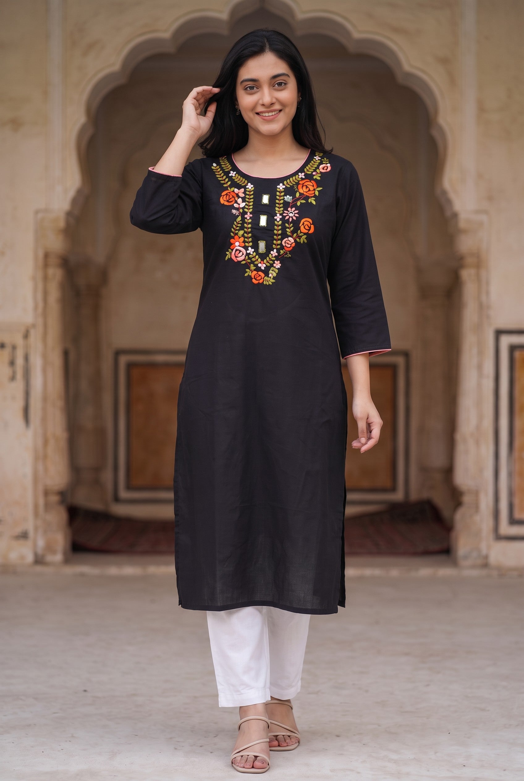 Black Hand Embroidered Cotton Kurta
