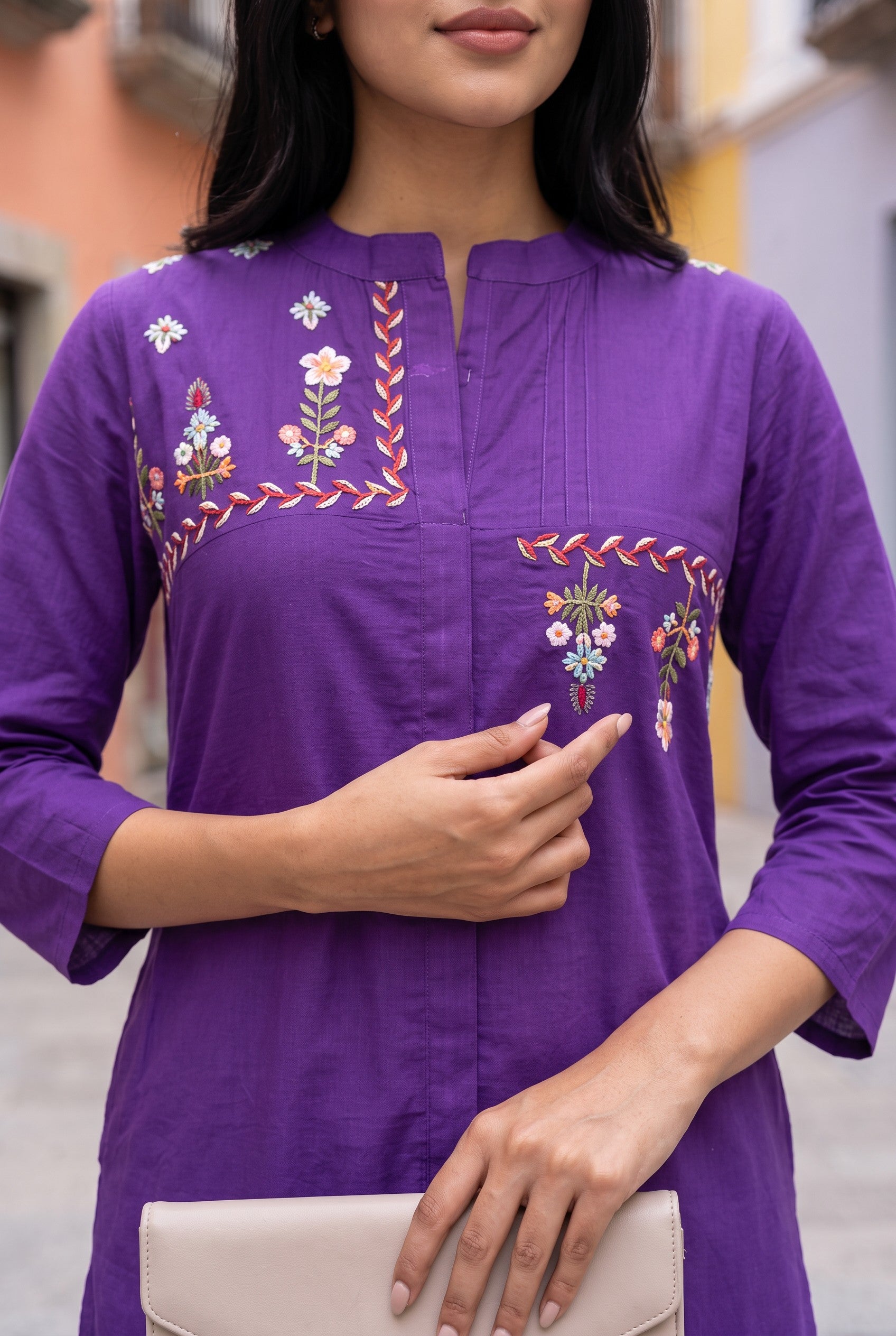 Purple Cotton Embroidered Kurta