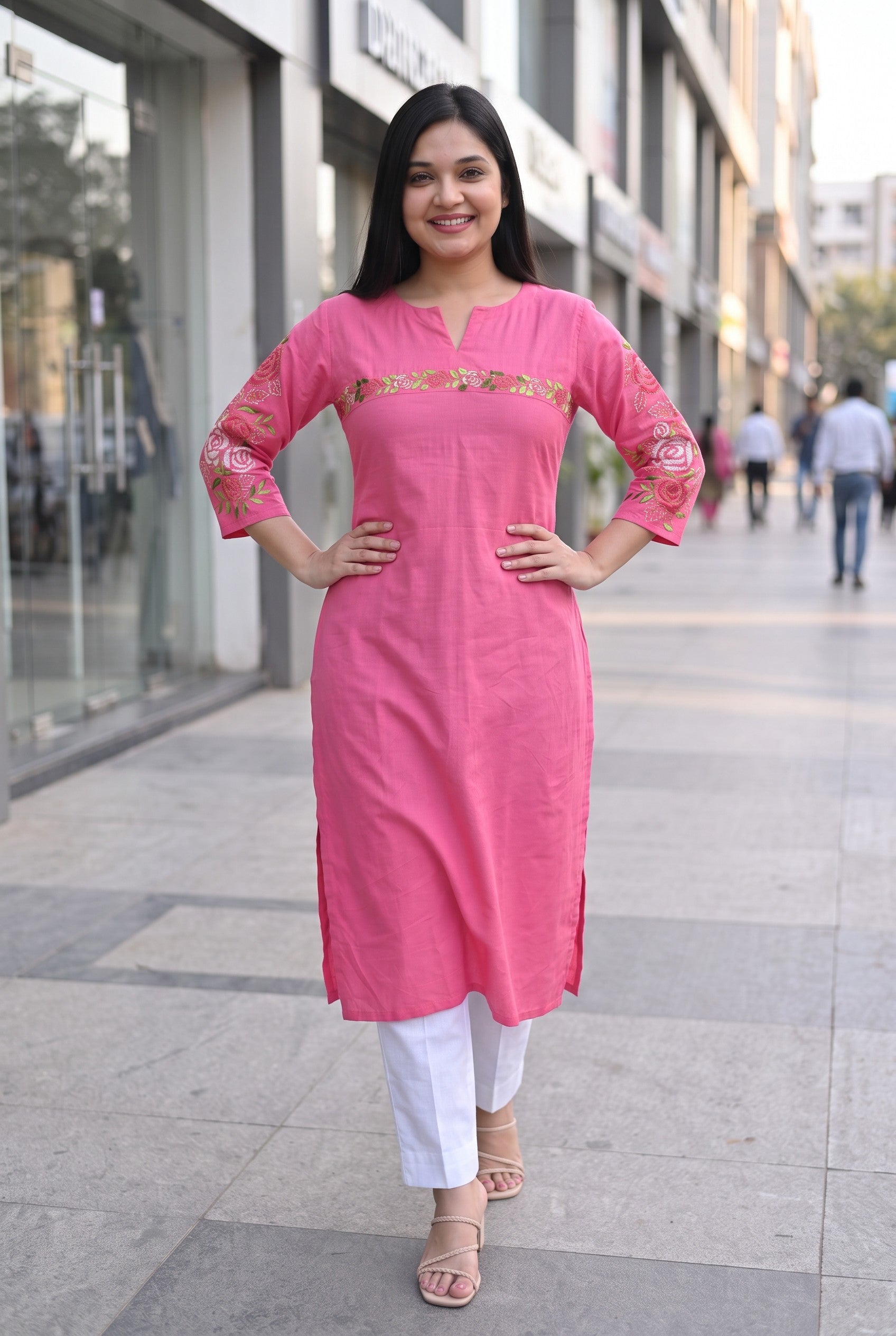 Pink Cotton Hand Emboidered Kurta