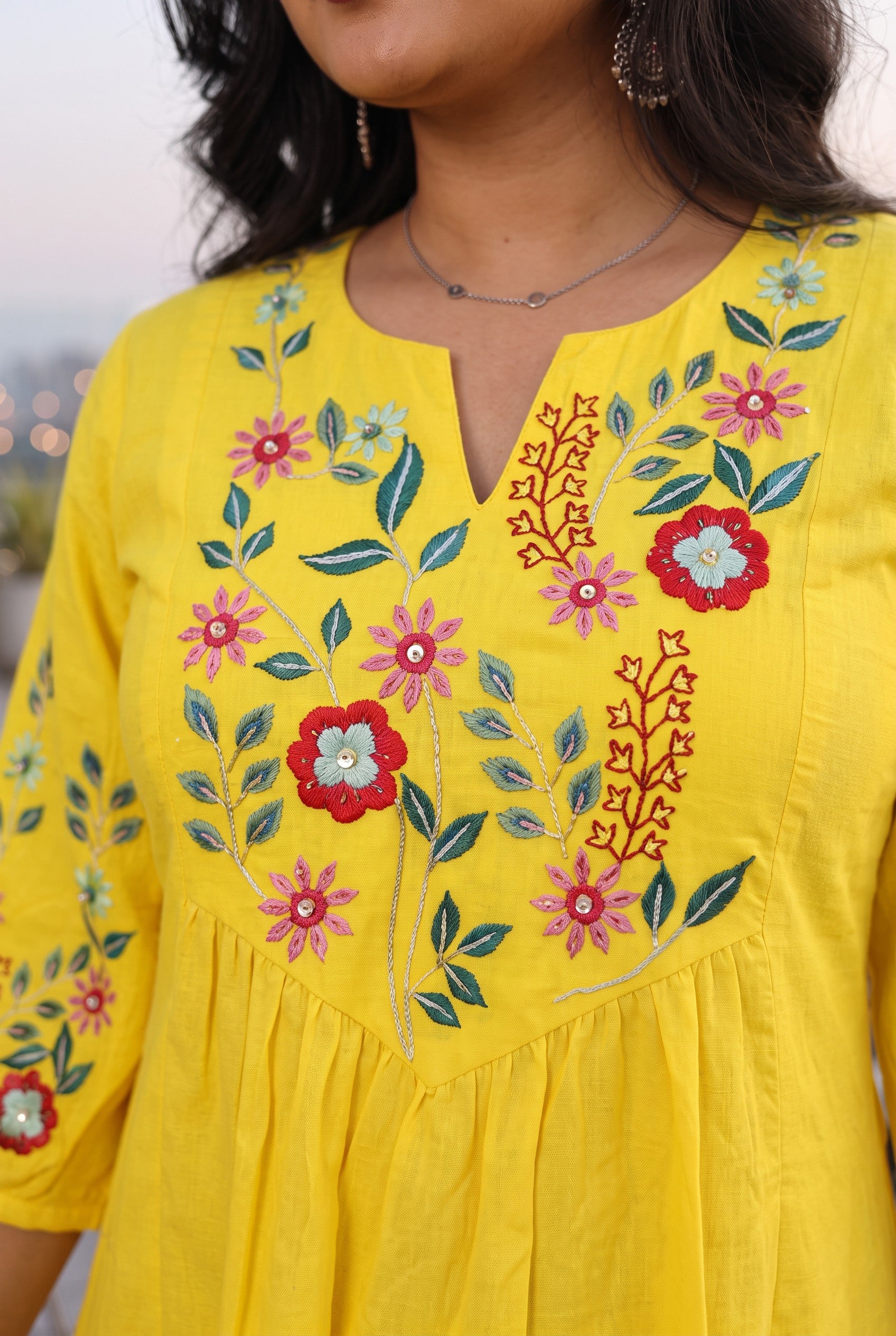 Yellow Floral Embroidered Cotton A-line Kurta