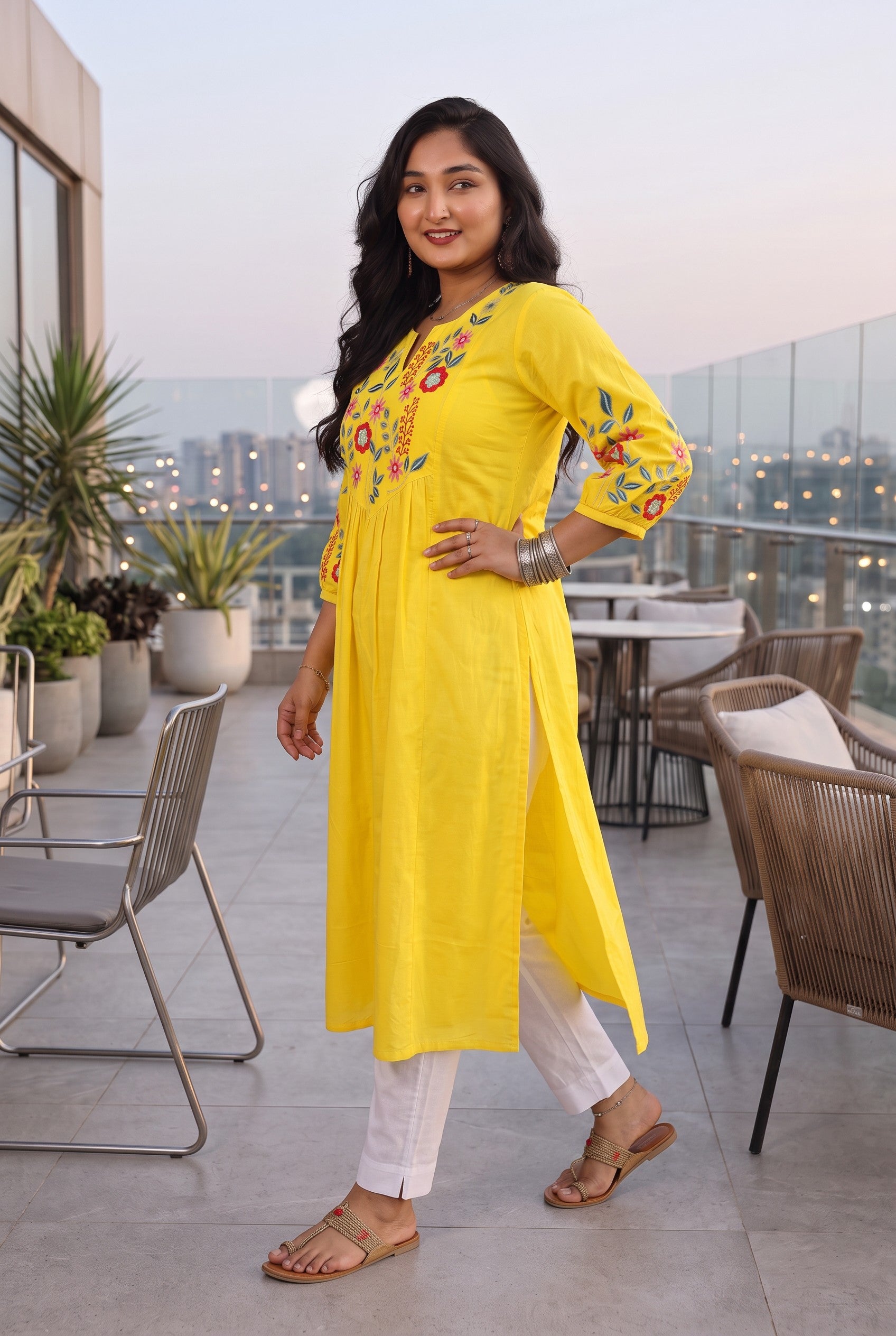 Yellow Floral Embroidered Cotton A-line Kurta