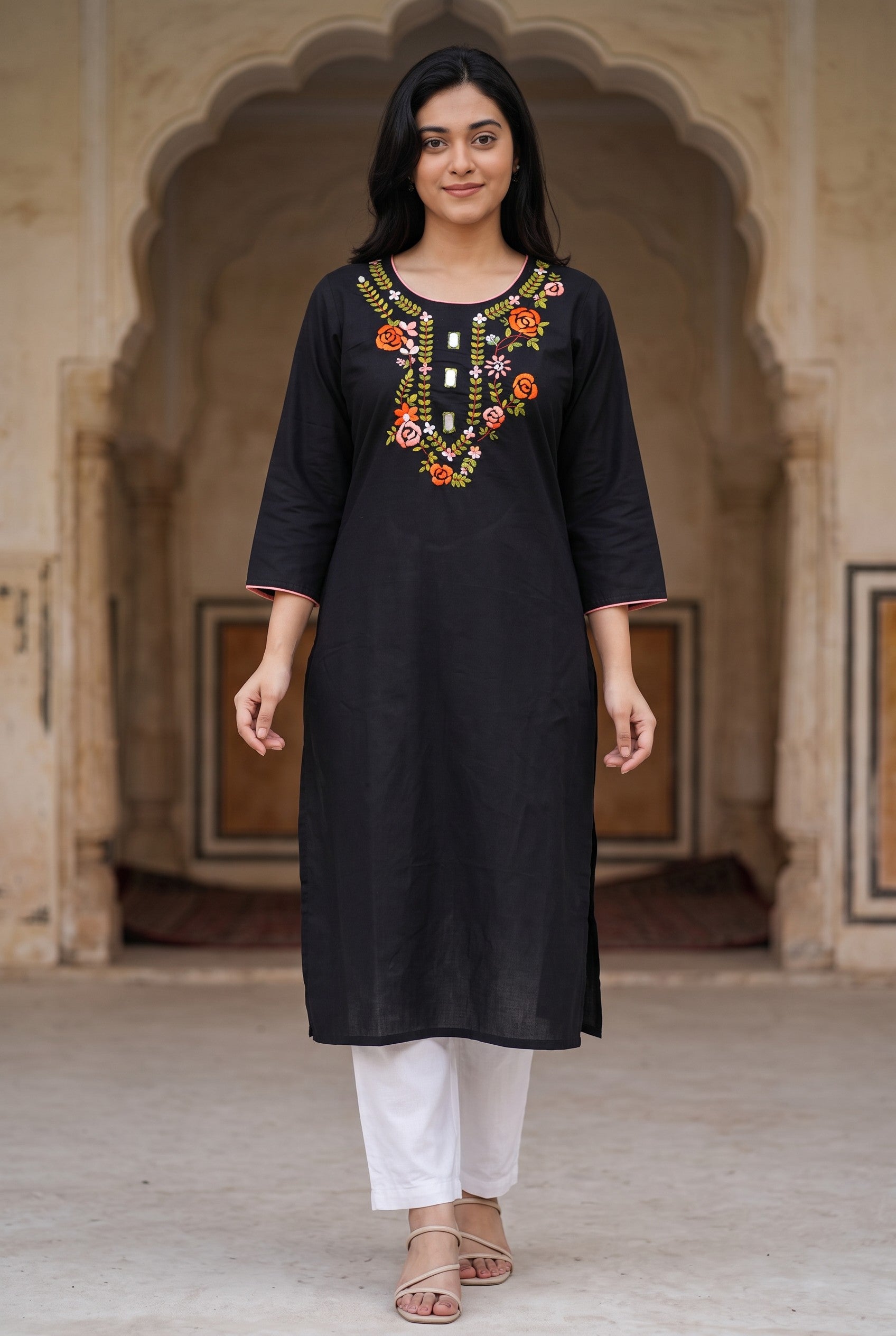 Black Hand Embroidered Cotton Kurta