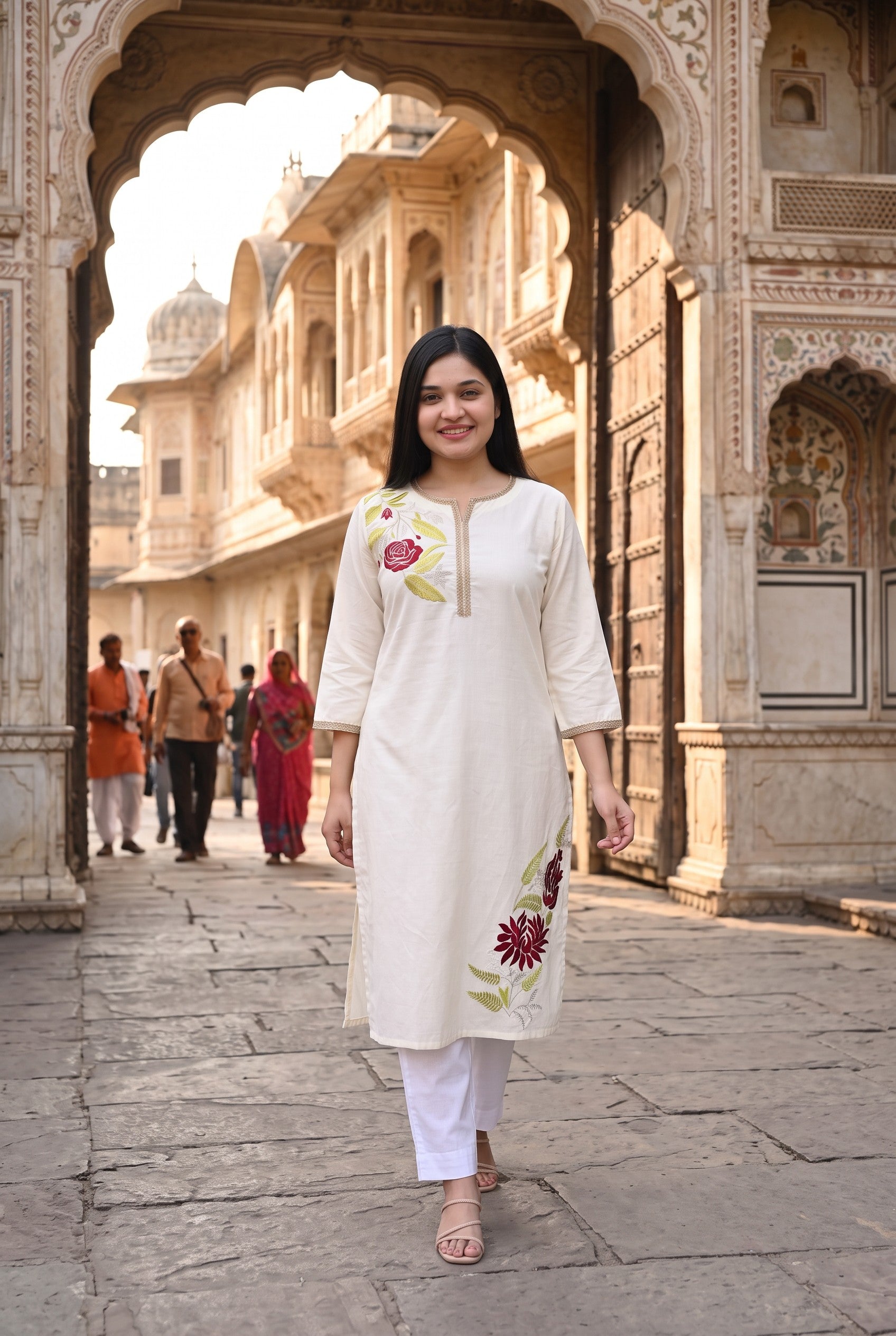 Off White Cotton Embroidered Kurta