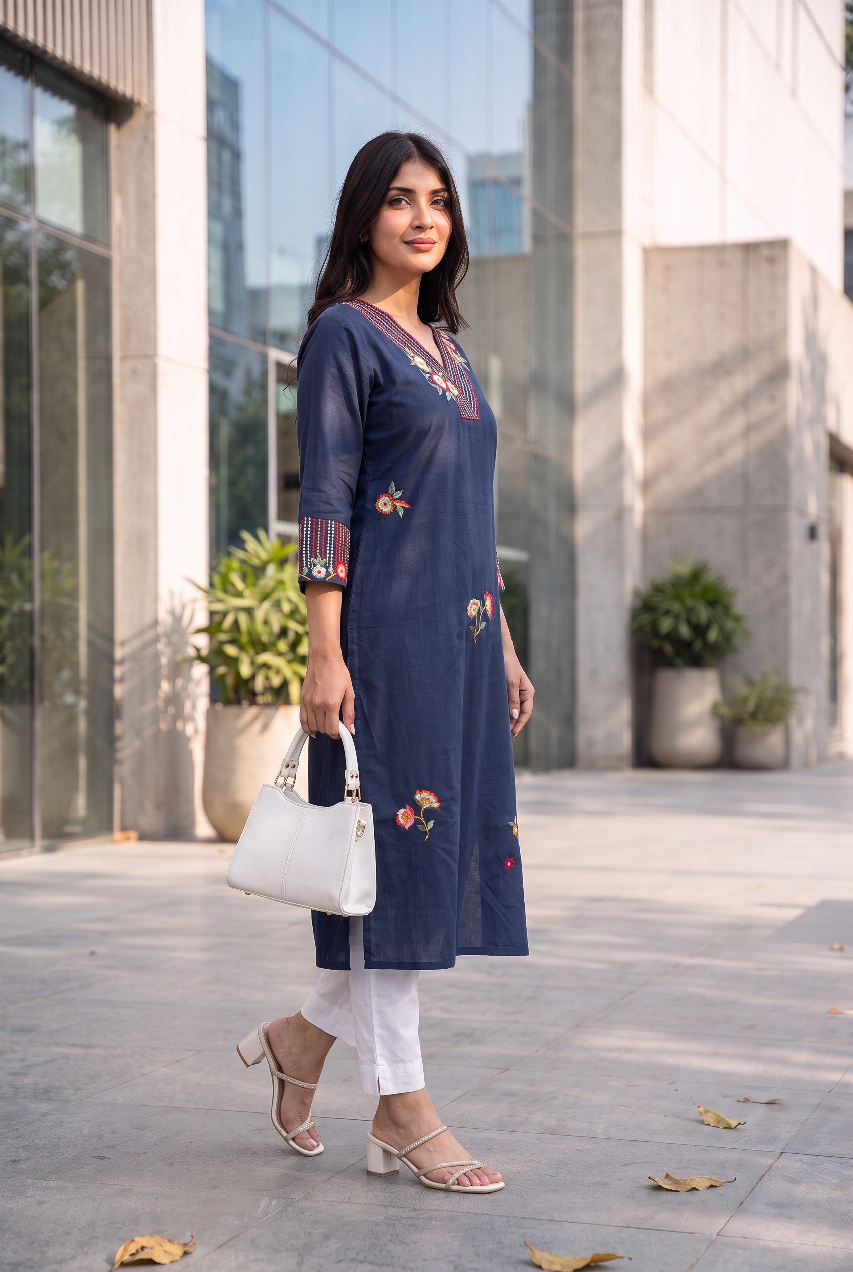 Mid Night Blue Cotton Embroidered Kurta