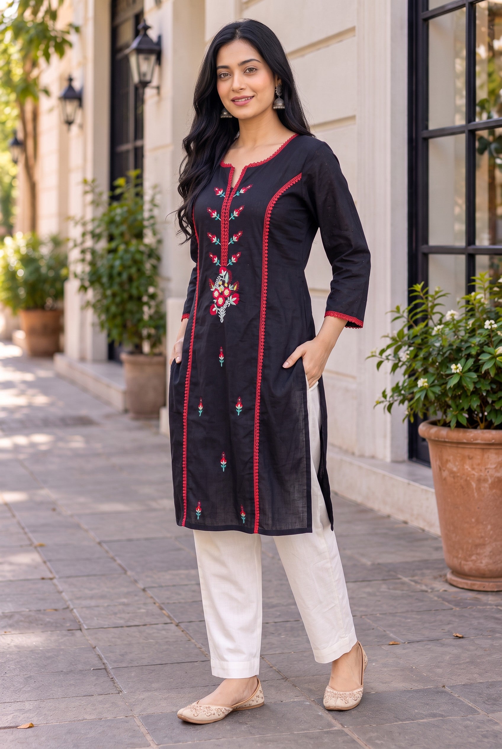 Black Cotton Embroidered Long Kurta