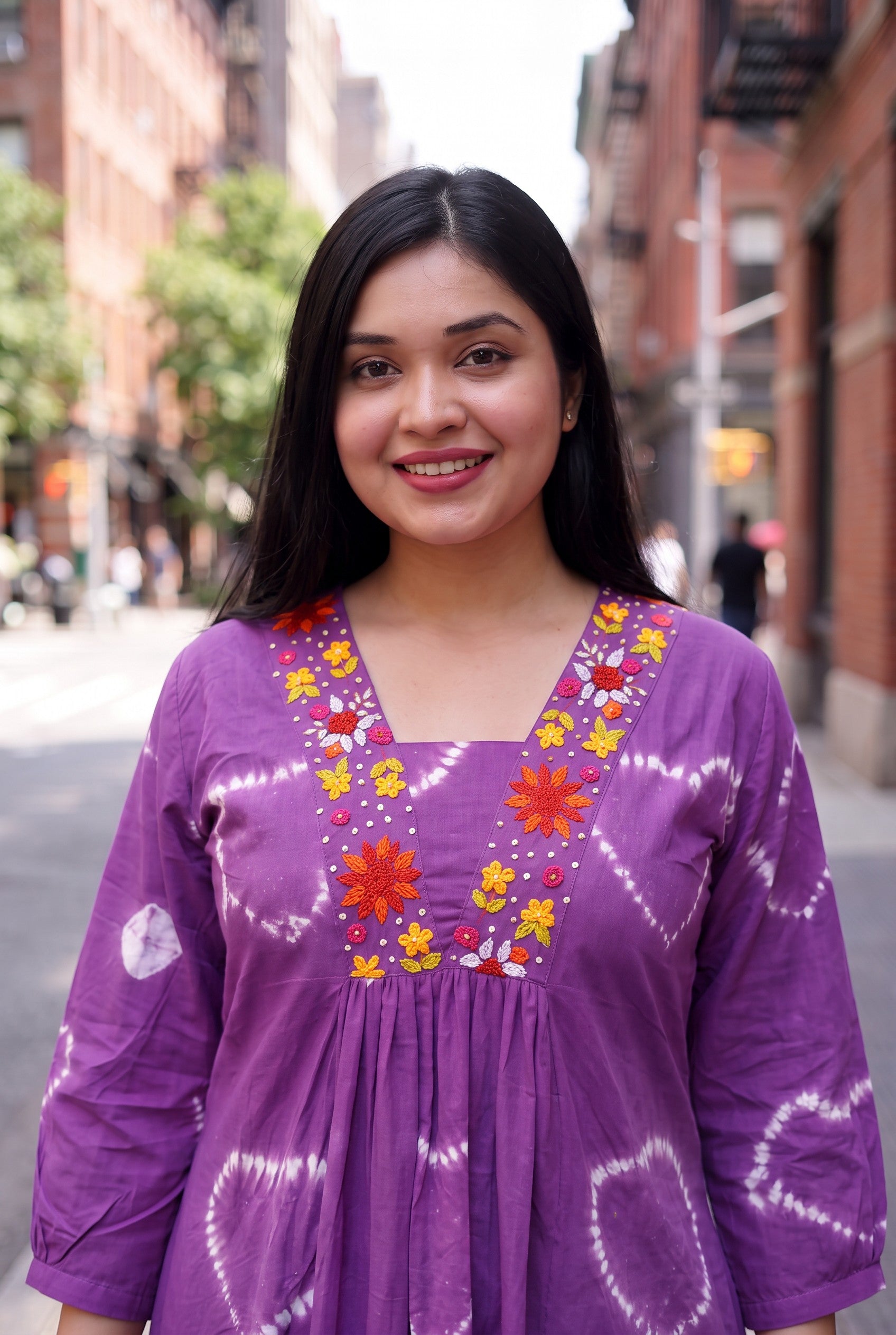 Purple Bandhani With Hand Embroidery Cotton Kurta