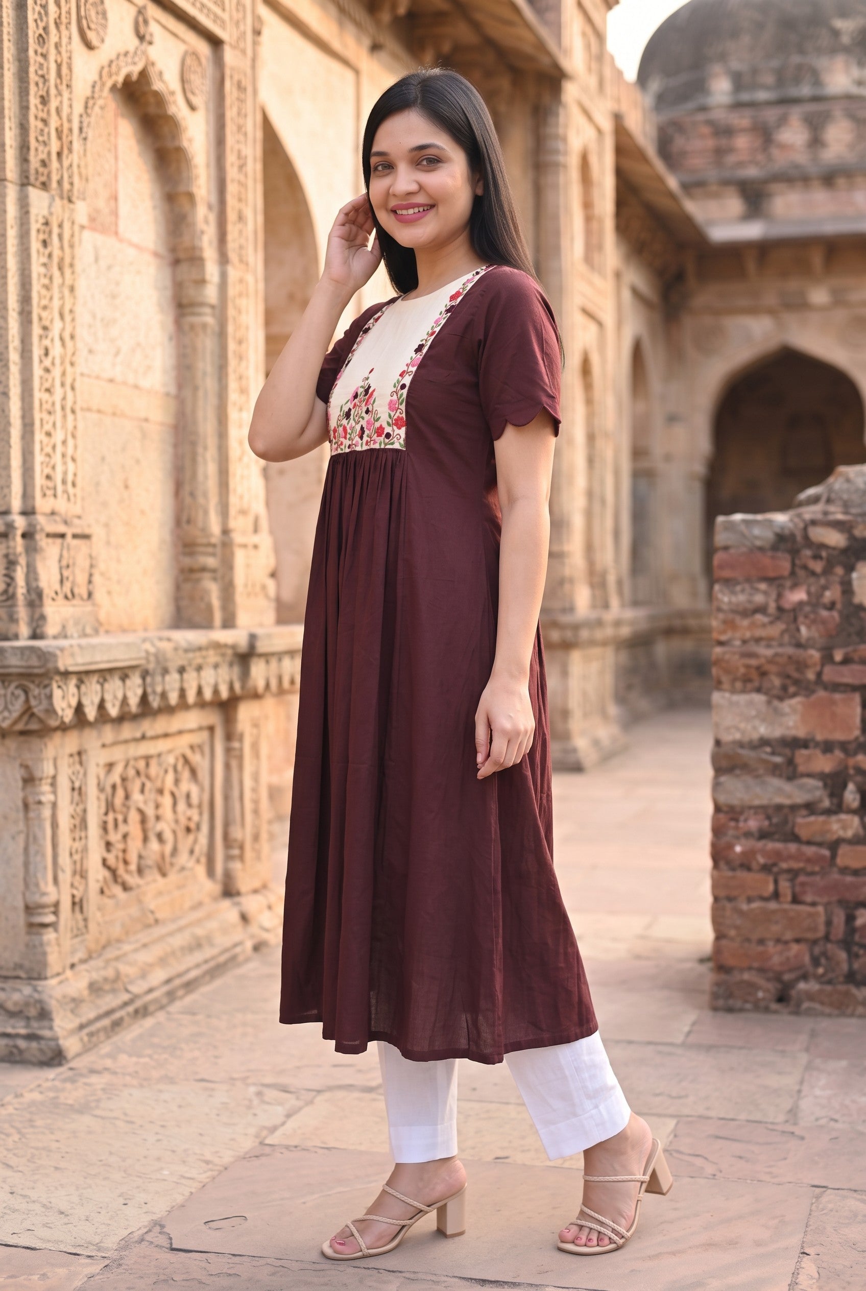 Chocolate Colour Cotton Hand Embroidered A-Line Kurta