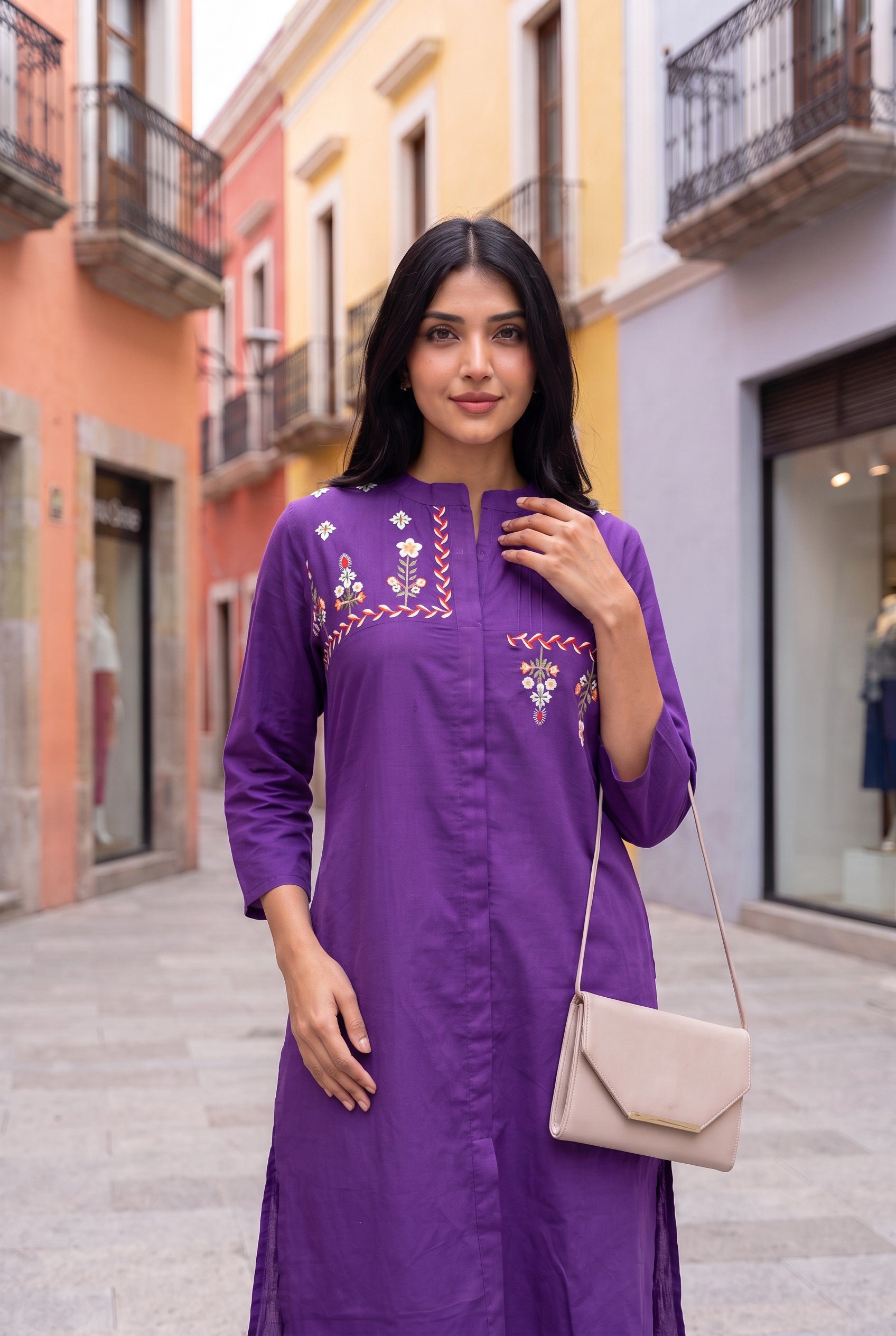 Purple Cotton Embroidered Kurta
