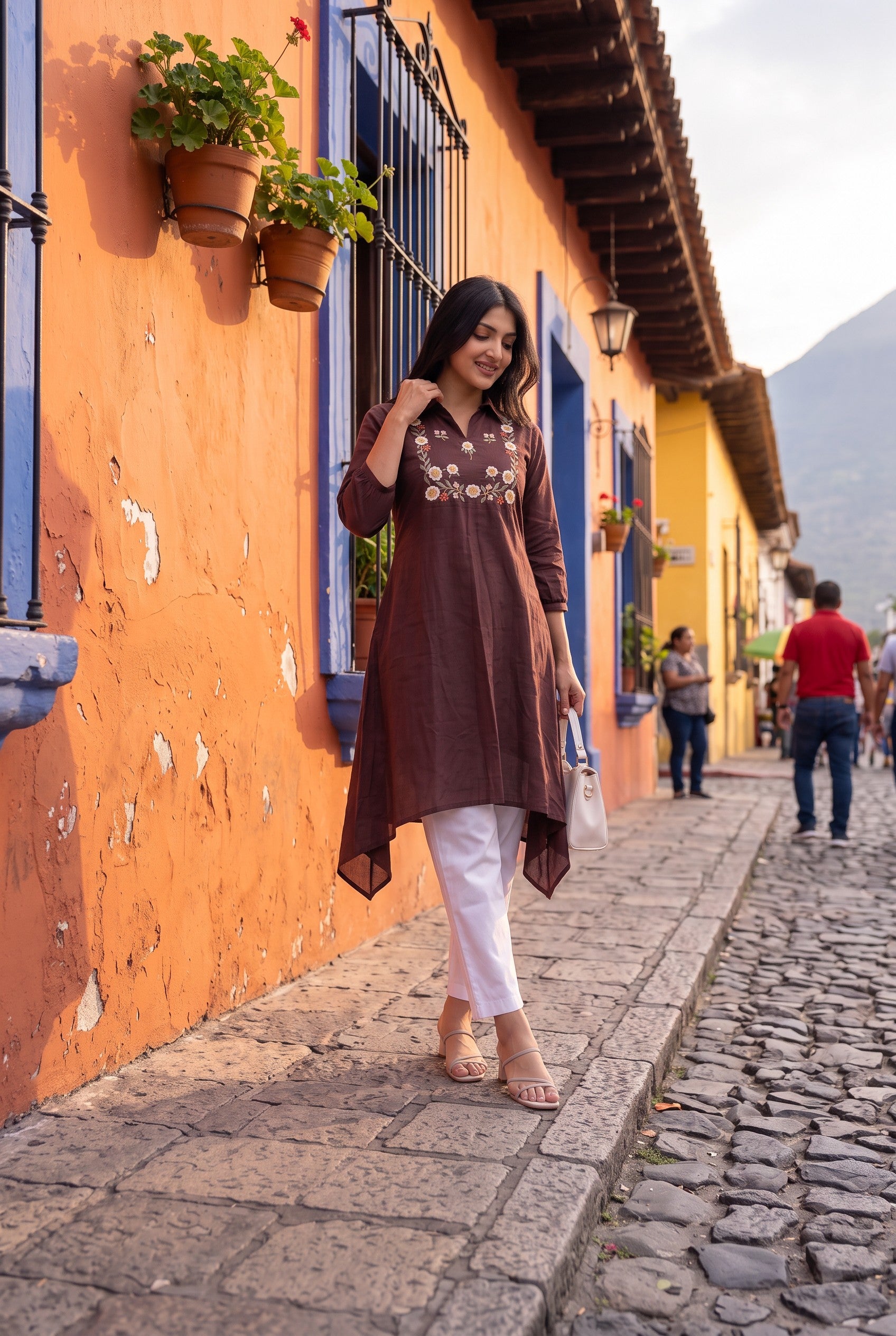 Chocolate Color Cotton Embroidered Kurta