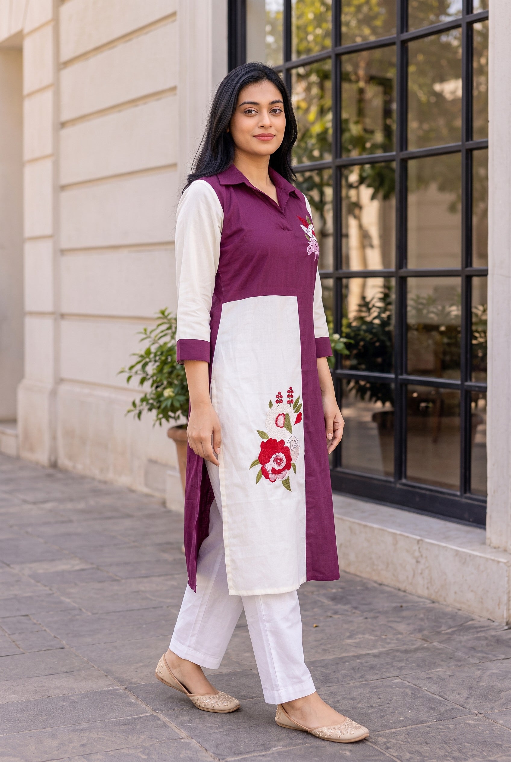 Plum White Embroidered Cotton Long Kurta