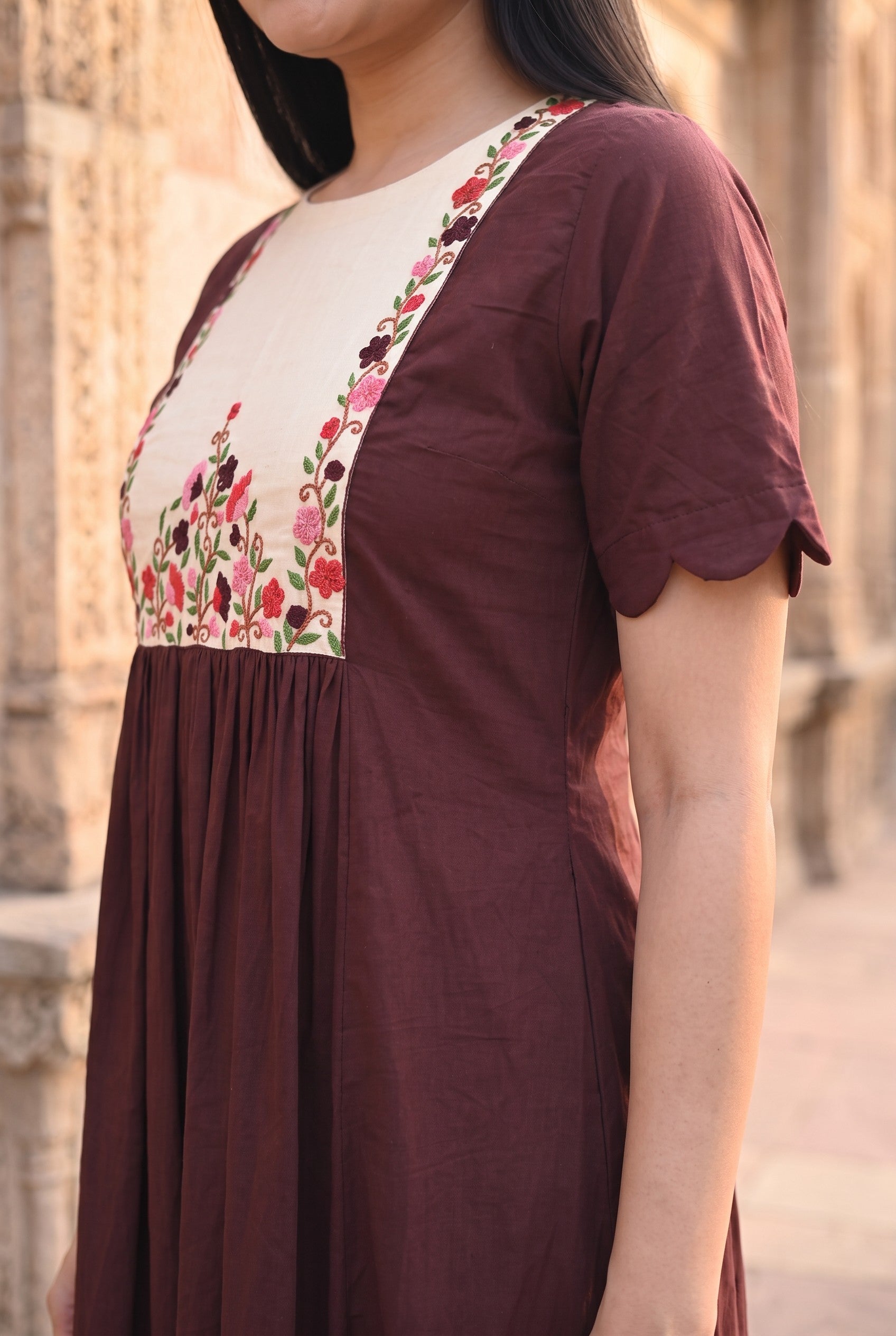 Chocolate Colour Cotton Hand Embroidered A-Line Kurta