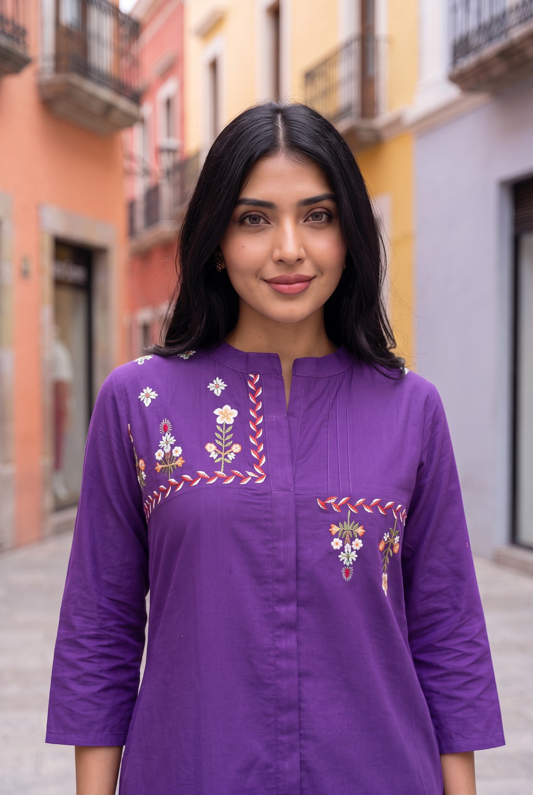 Purple Cotton Embroidered Kurta