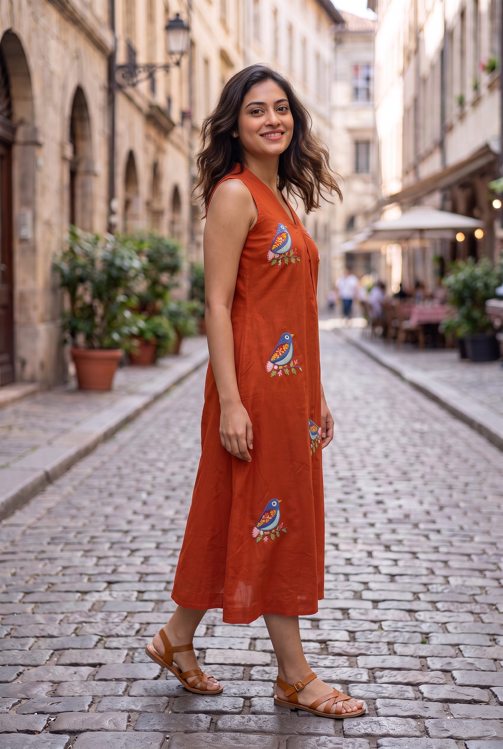 Rust Hand Embroudered Cotton Dress