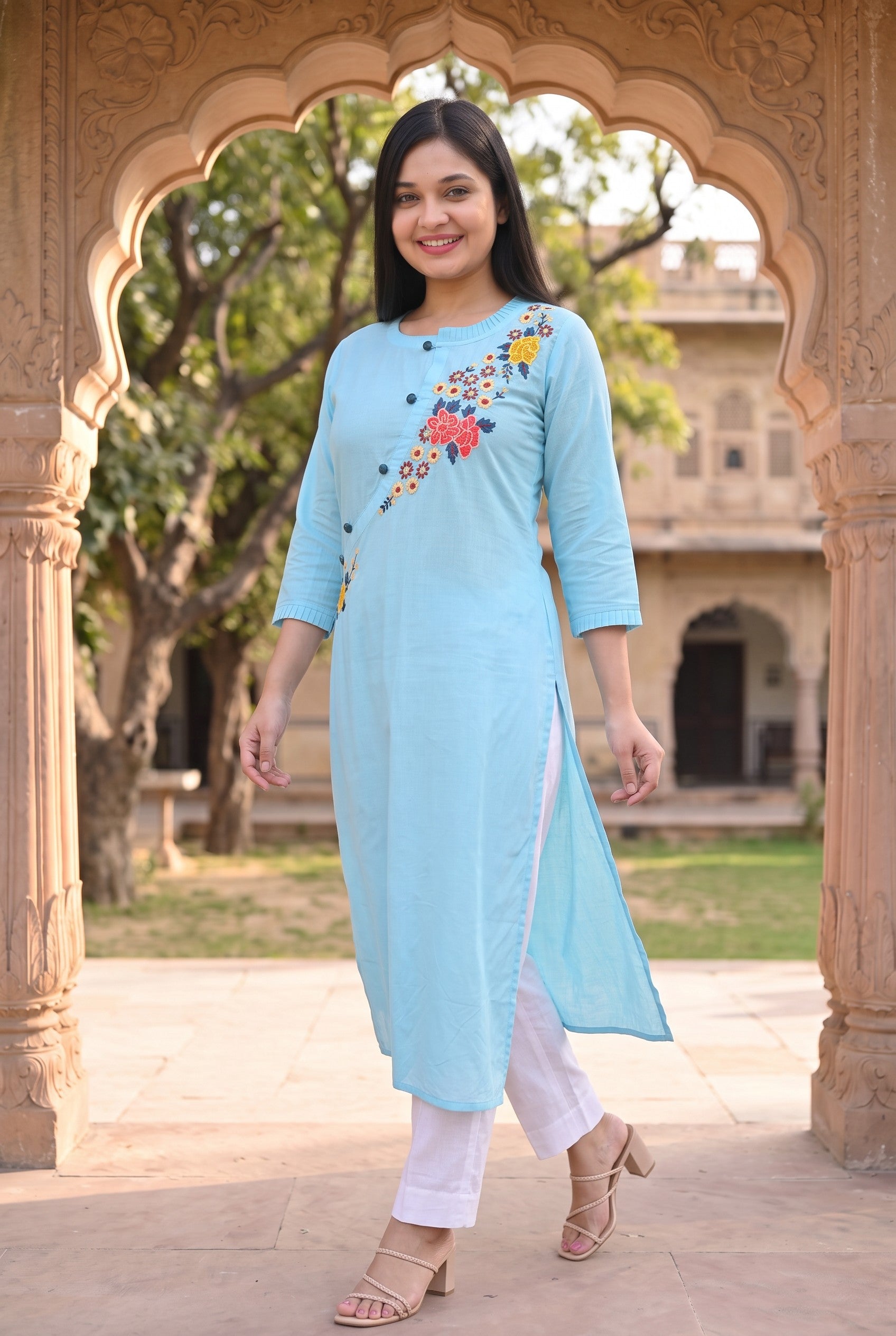 Sky Blue Colour Cotton Hand Emboidered Kurta