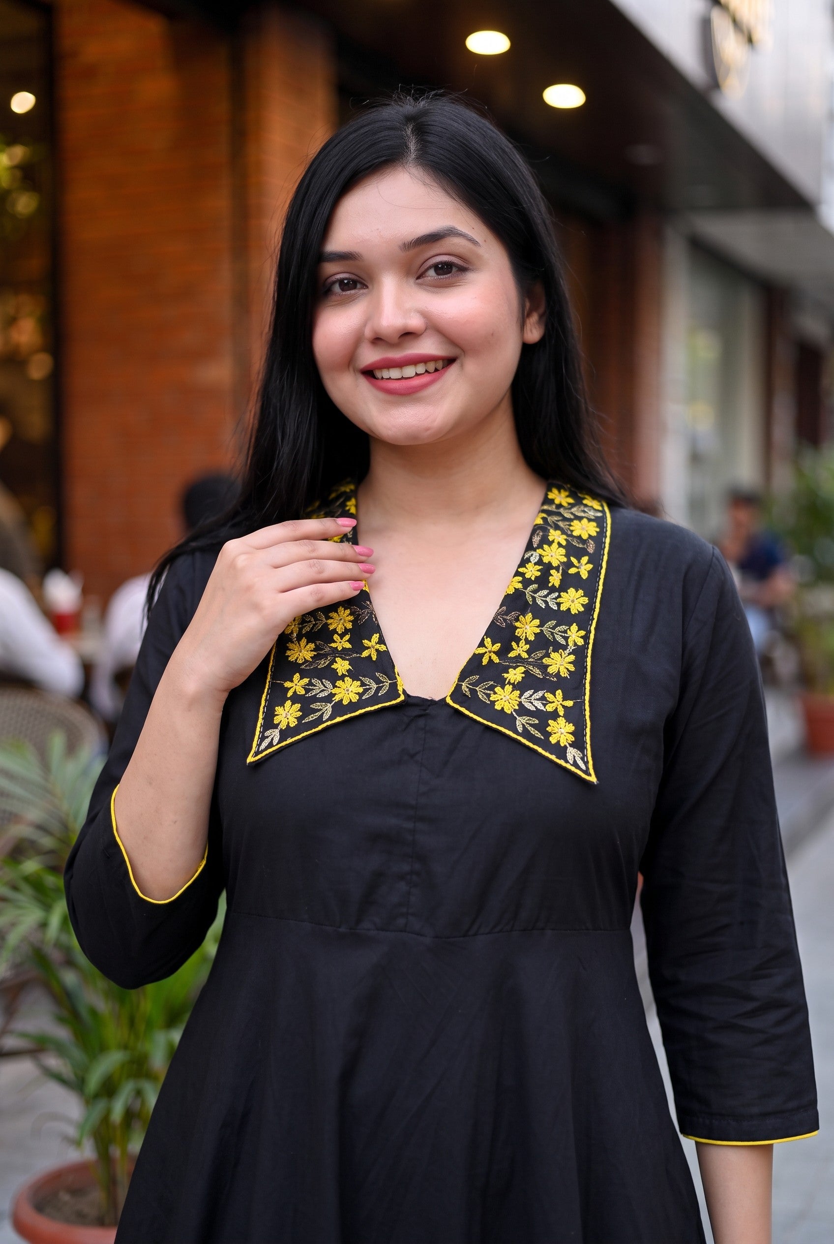 Hand Embroidered Black Colour Cotton Midi Dress