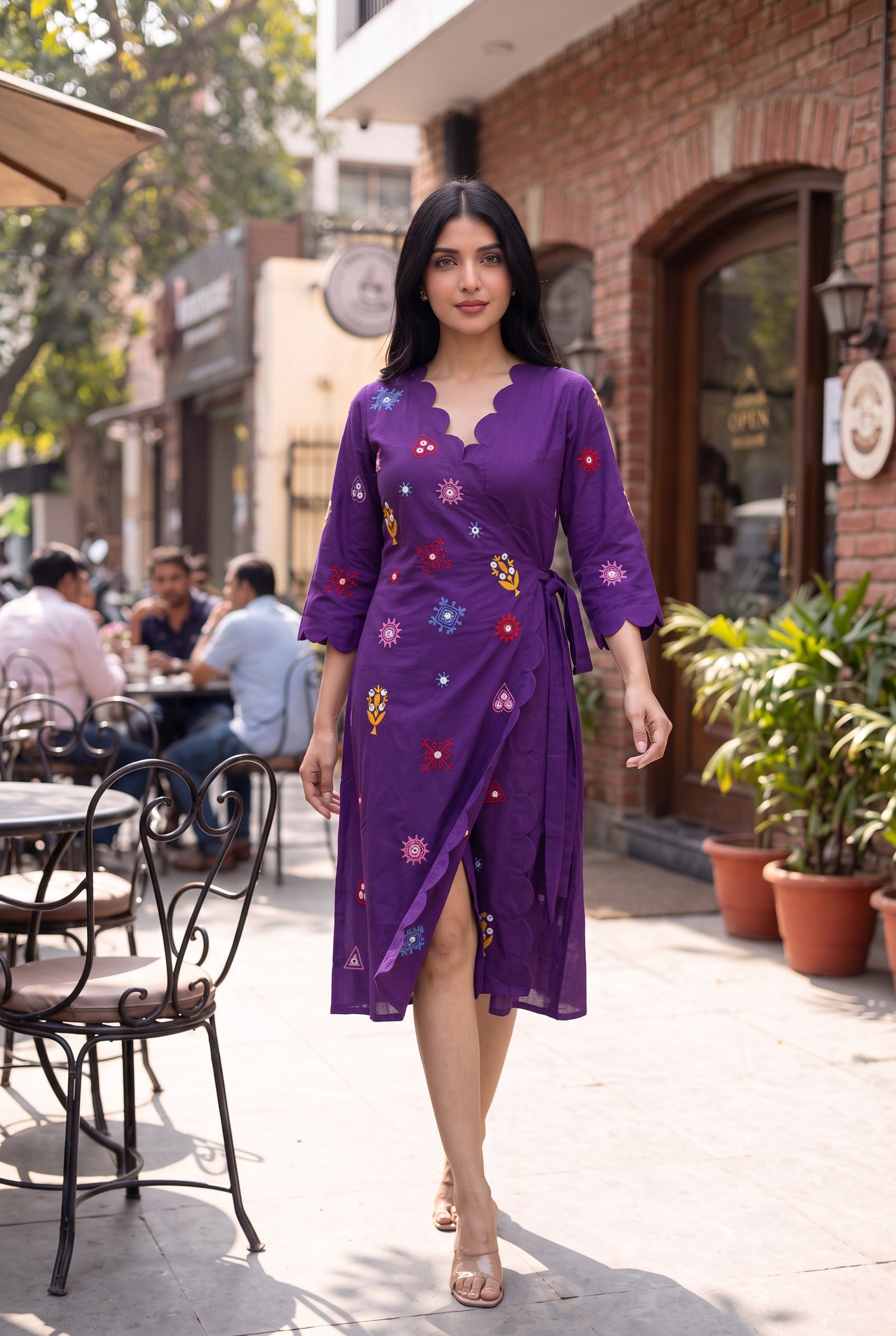 Purple Hand Embroidery With Mirror Work Wrap Dress