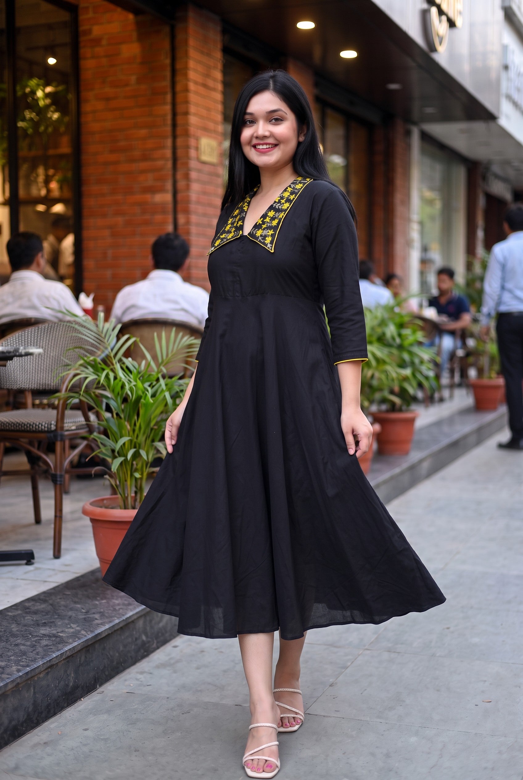 Hand Embroidered Black Colour Cotton Midi Dress
