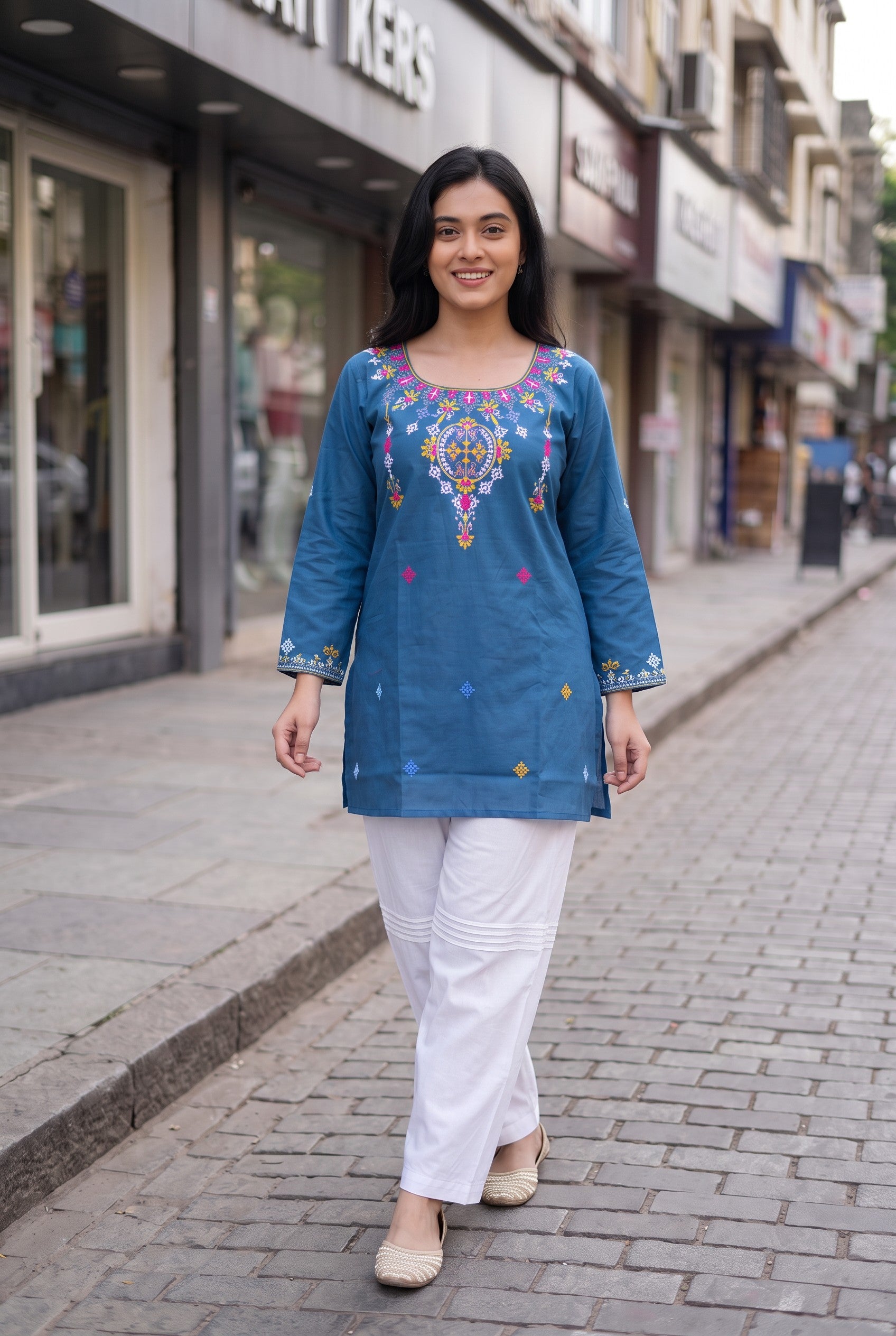 Turquise Color Hand Embroidered Cotton Kurti