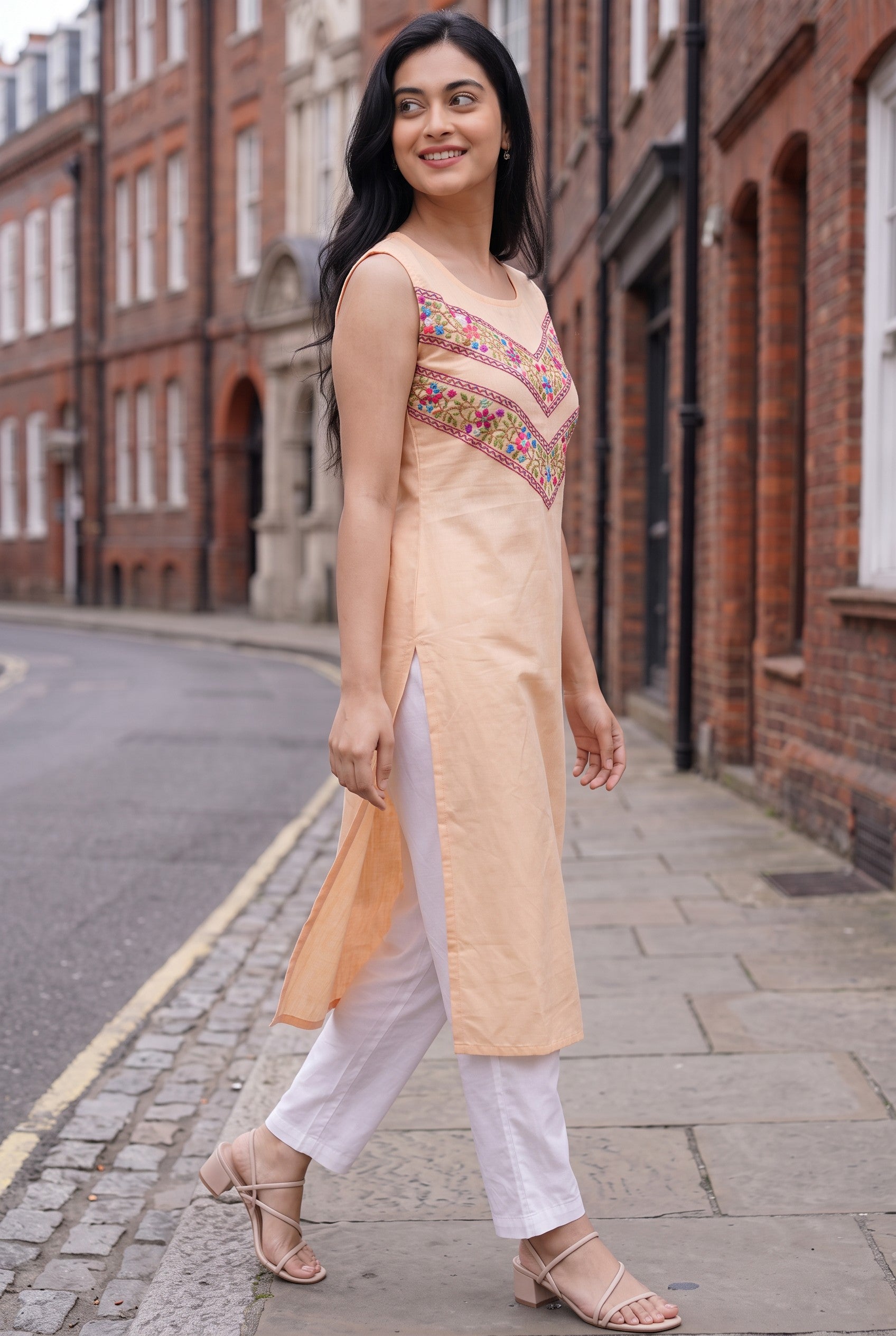 Peach Color Hand Embroidered Cotton Kurta