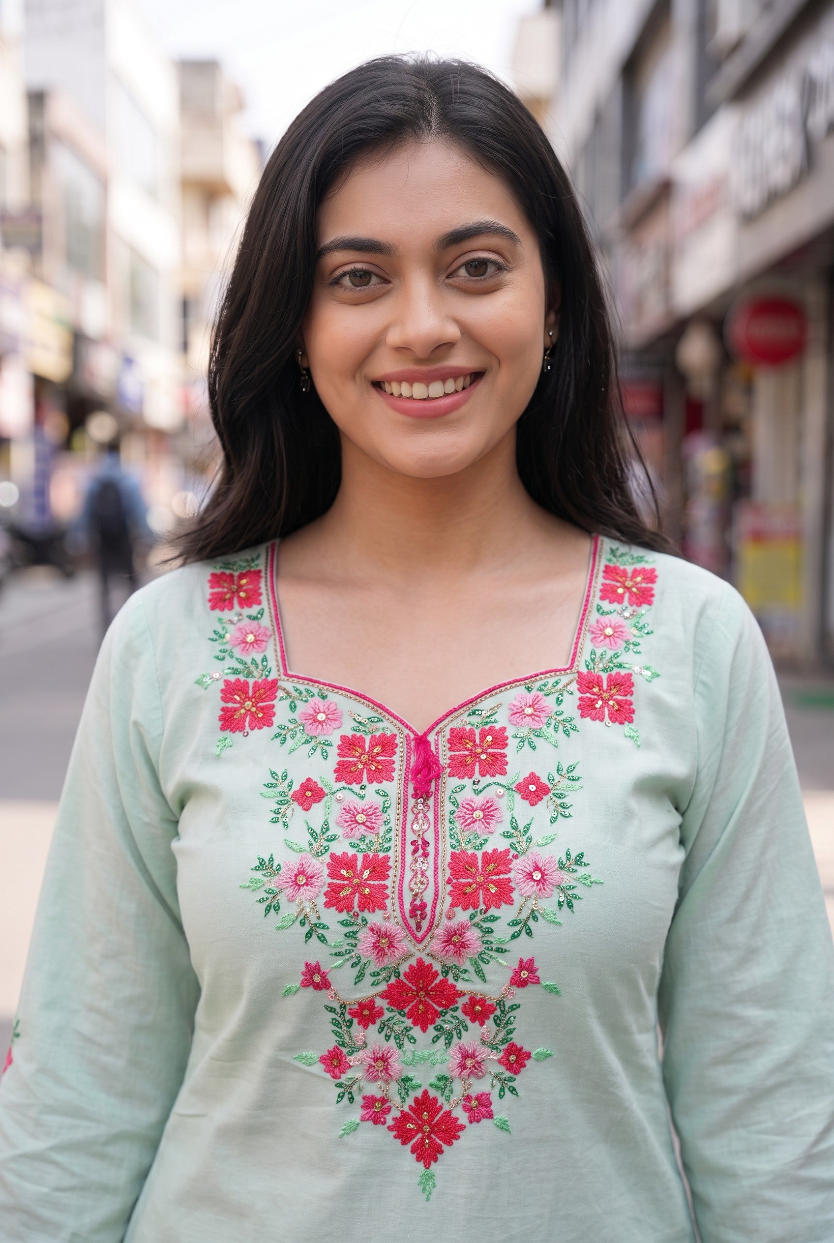 Pastel Mint Color Hand Embroidered Cotton Kurta