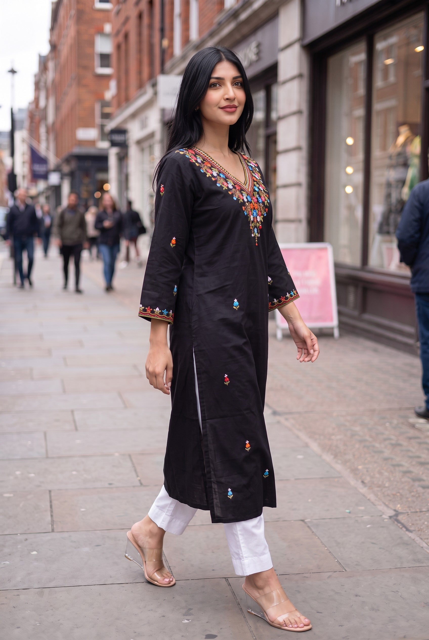 Hand Embroidery  Black Color Cotton Kurta