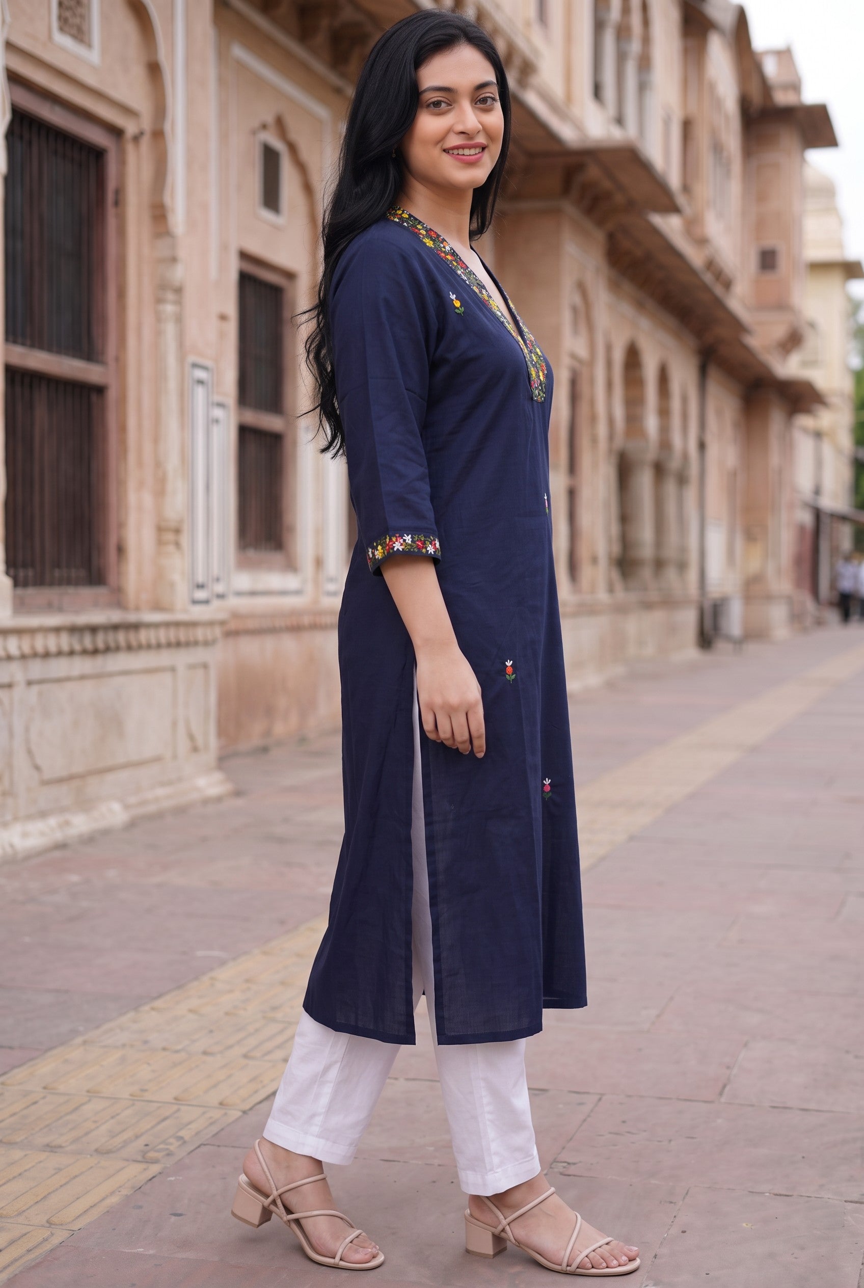 Mid Night Blue Cotton Hand Embroidery Kurta