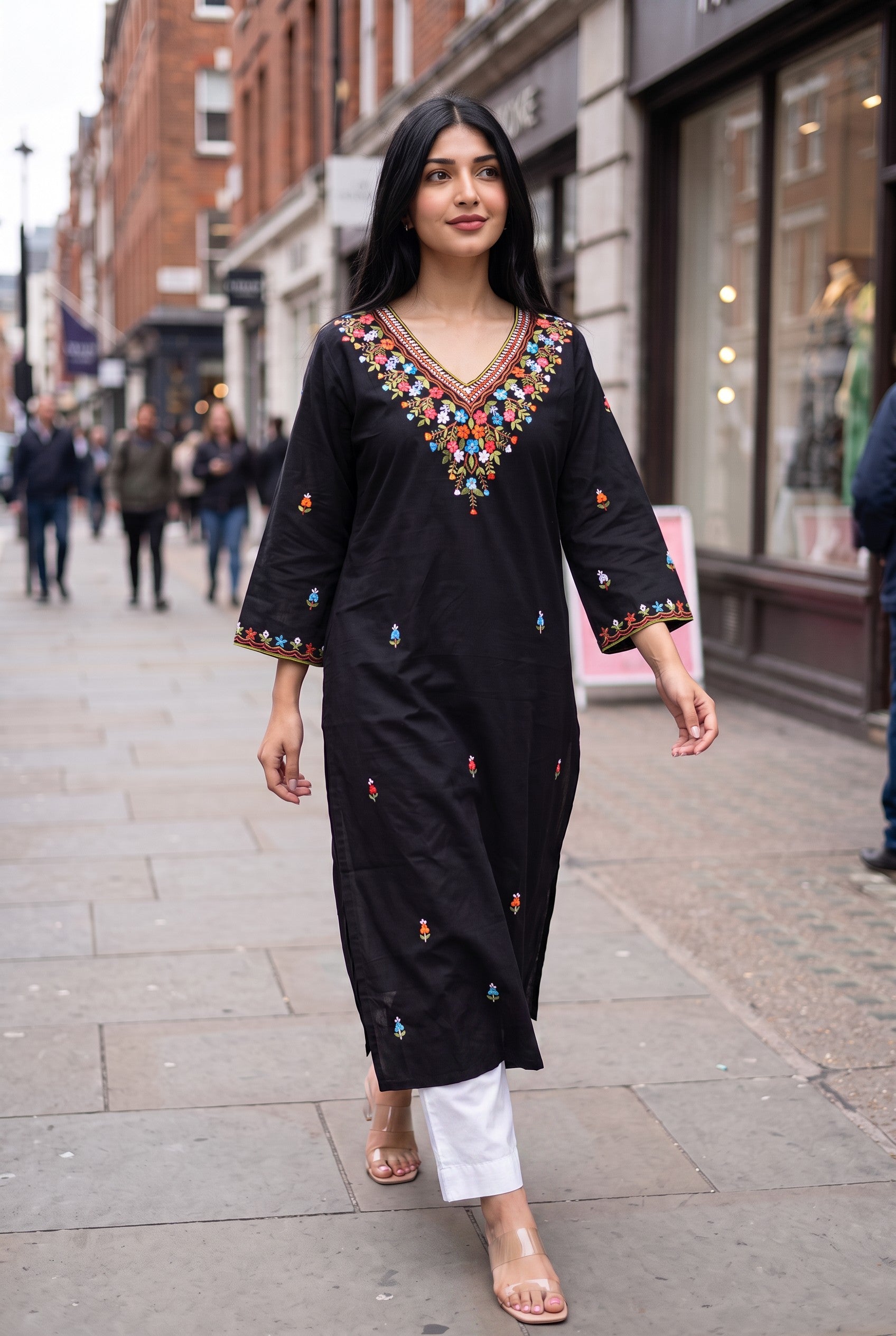 Hand Embroidery  Black Color Cotton Kurta