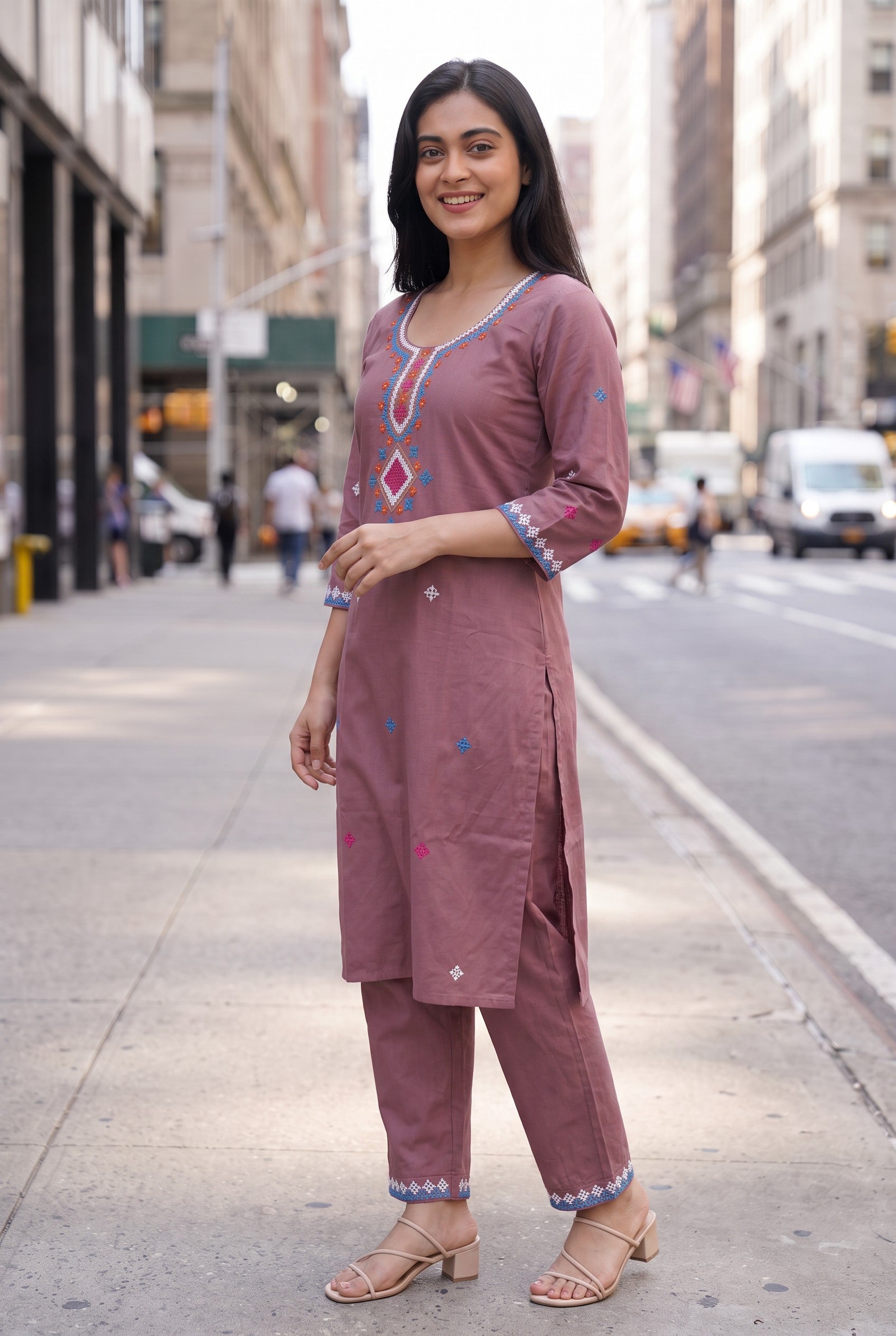 Onion Pink Kutch Hand Emroidered Cotton Co-ord Sets