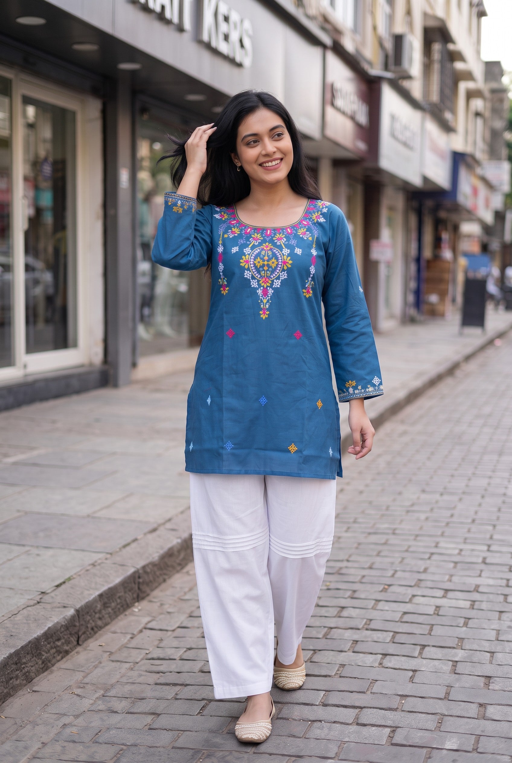Turquise Color Hand Embroidered Cotton Kurti