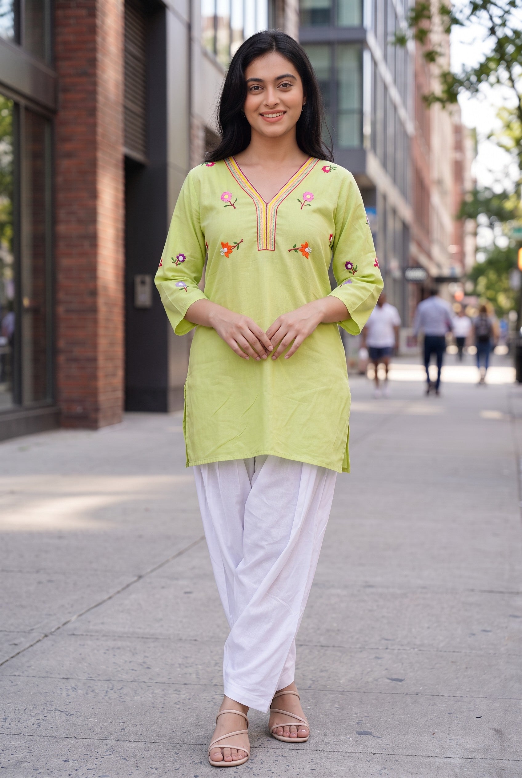 Lemon Green Colour Hand Embroidered Short Kurti