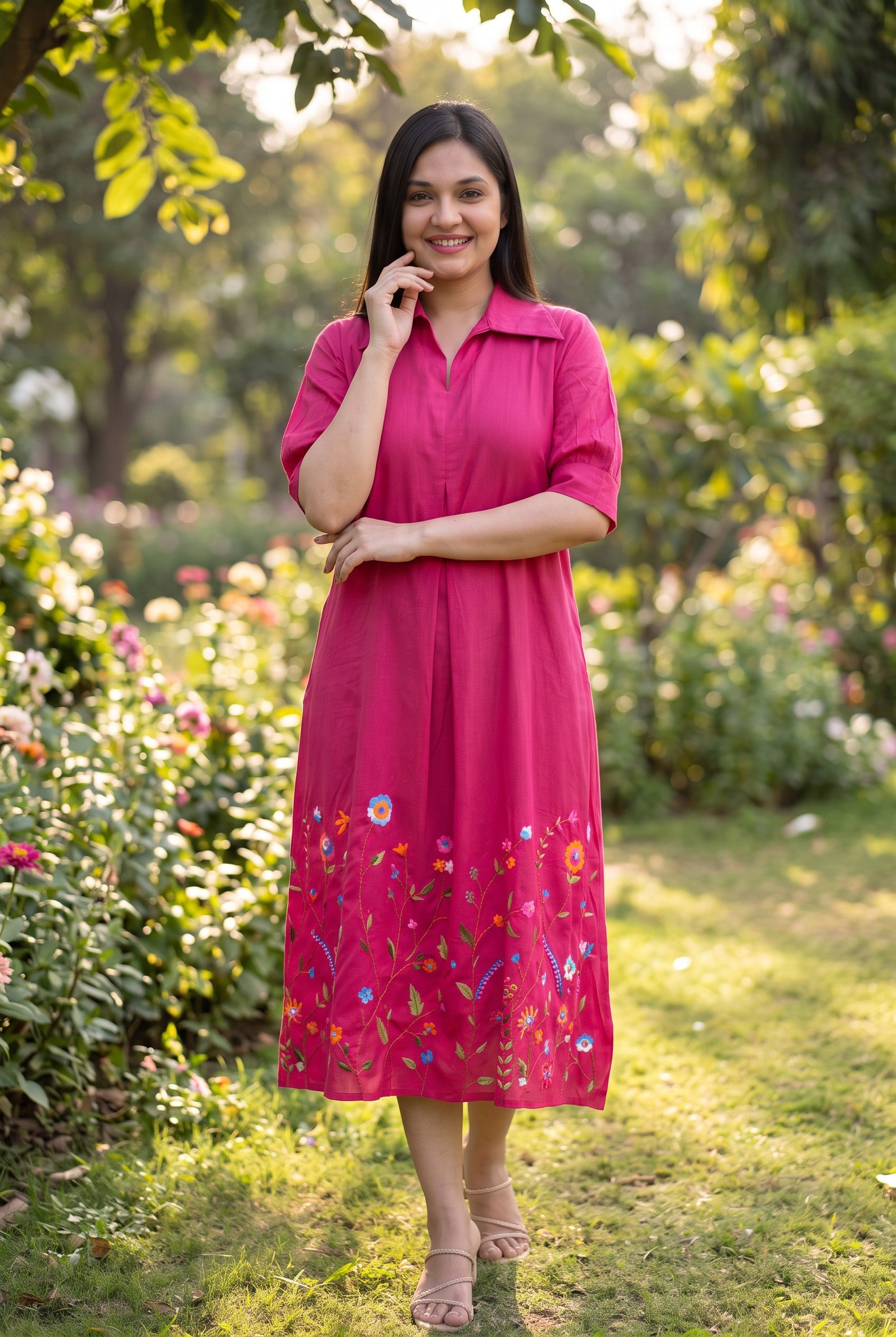 Pink Colour Hand Embroidered Midi Dresses