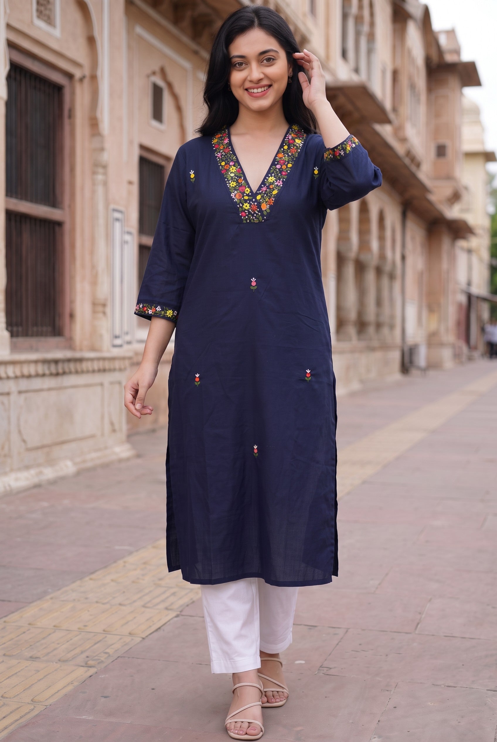 Mid Night Blue Cotton Hand Embroidery Kurta