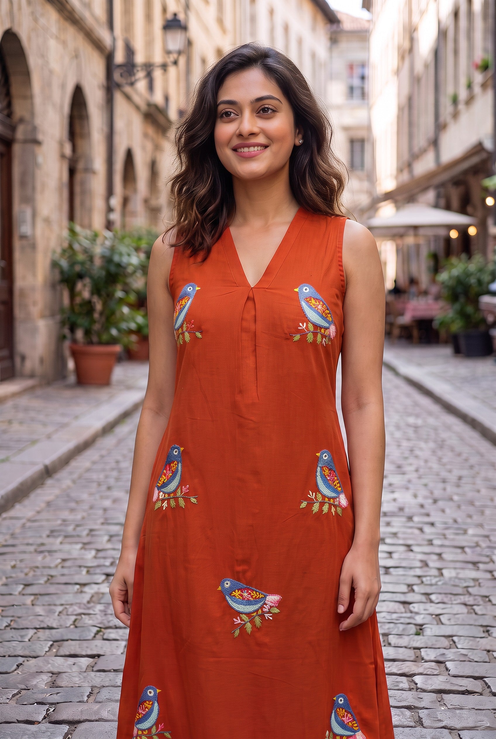 Rust Hand Embroudered Cotton Dress