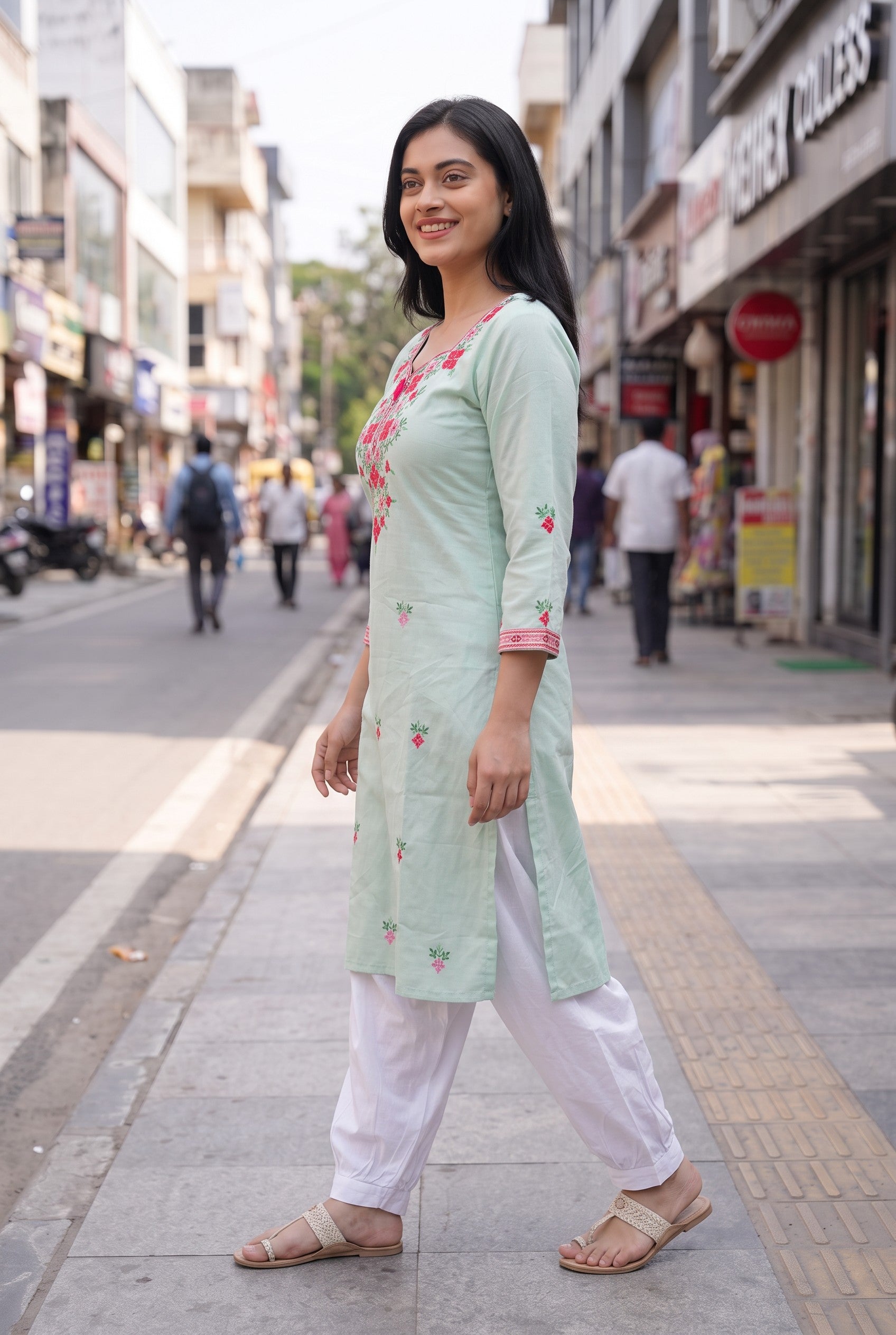 Pastel Mint Color Hand Embroidered Cotton Kurta