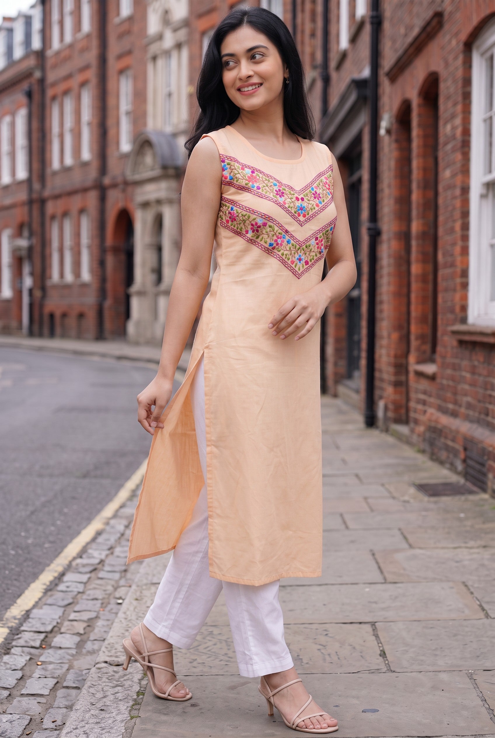 Peach Color Hand Embroidered Cotton Kurta