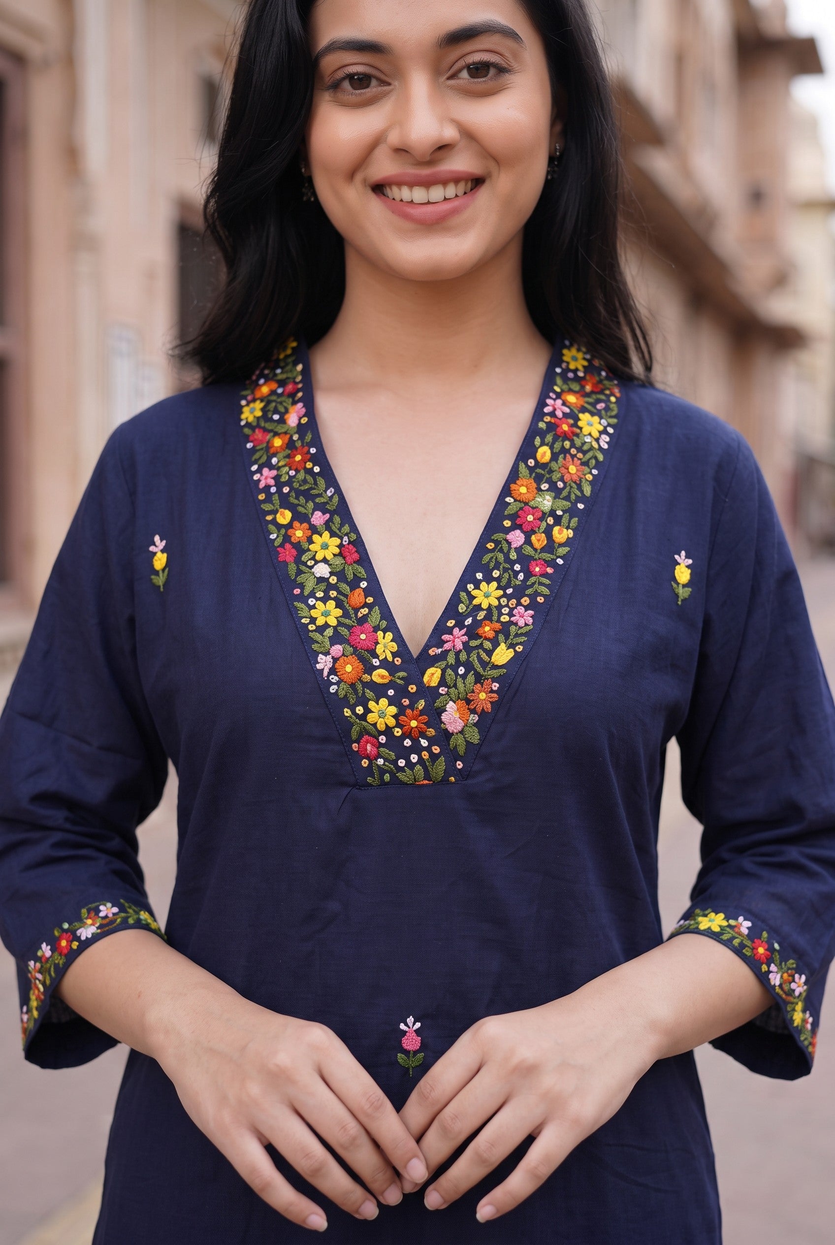 Mid Night Blue Cotton Hand Embroidery Kurta