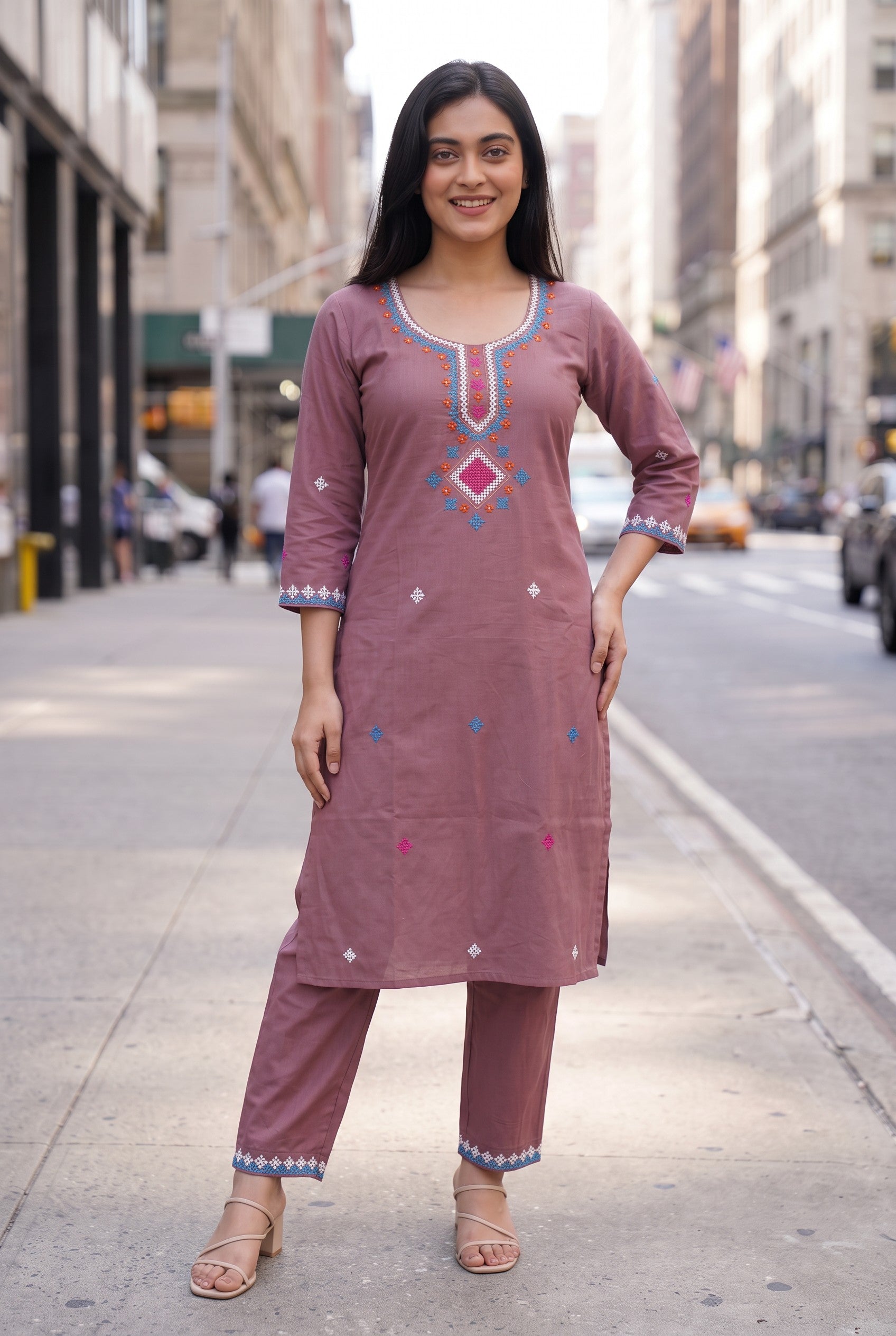 Onion Pink Kutch Hand Emroidered Cotton Co-ord Sets