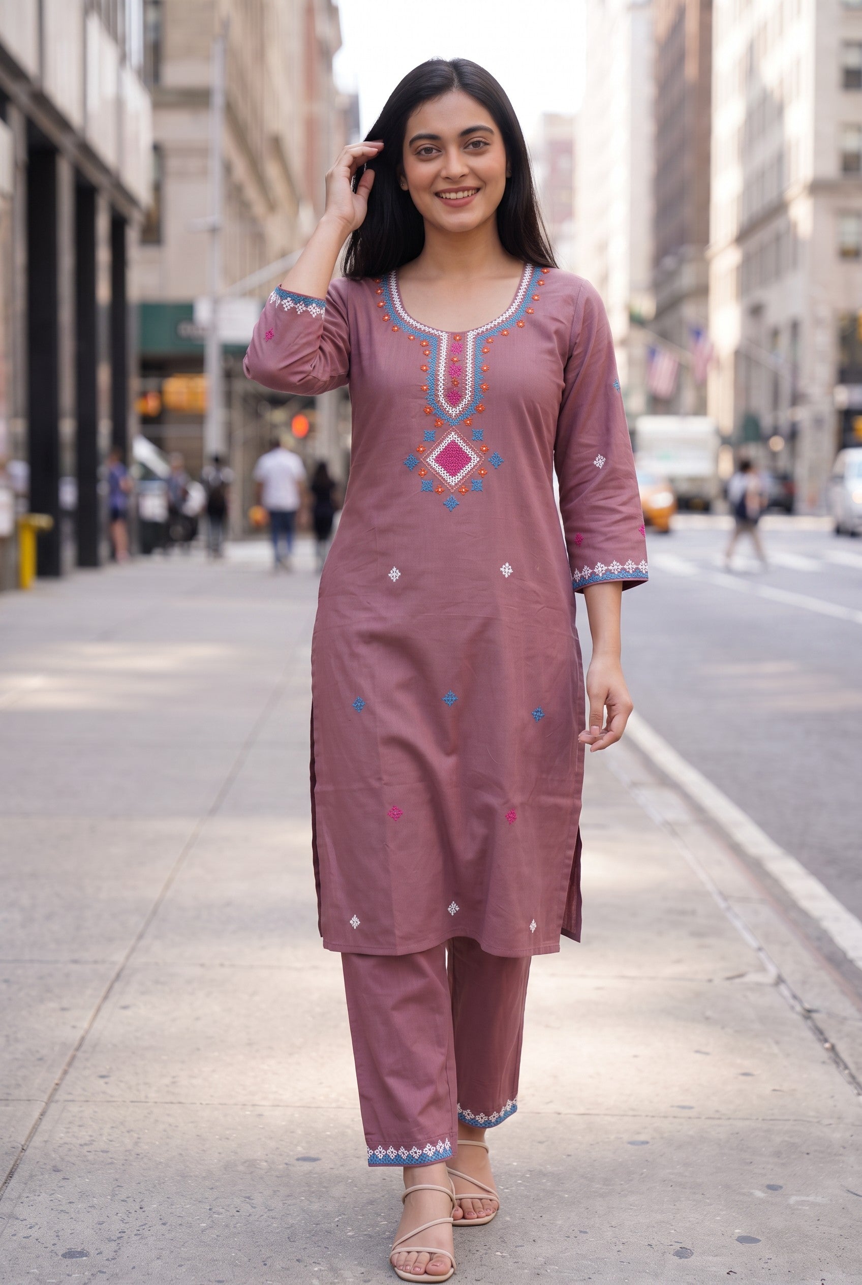 Onion Pink Kutch Hand Emroidered Cotton Co-ord Sets