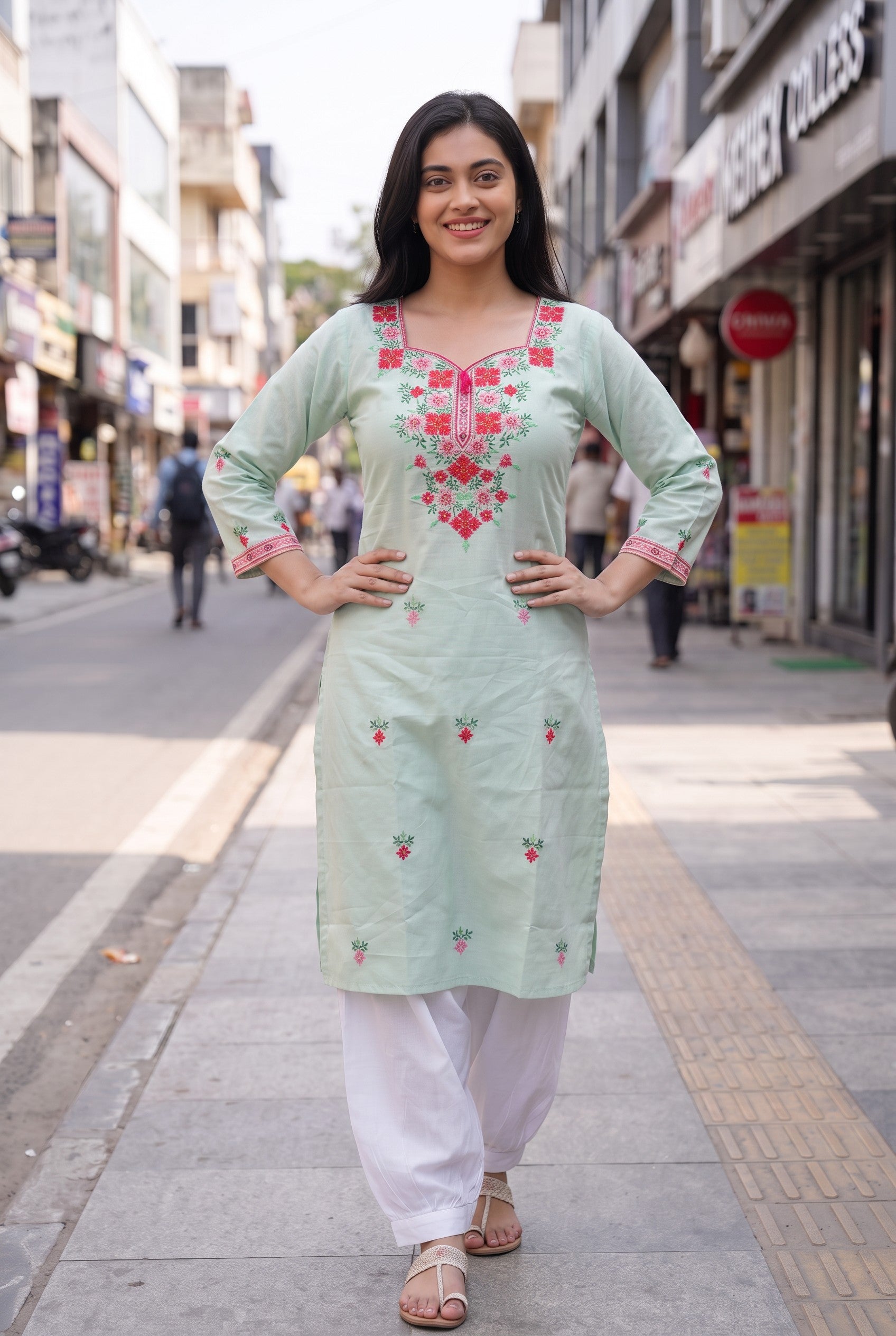 Pastel Mint Color Hand Embroidered Cotton Kurta