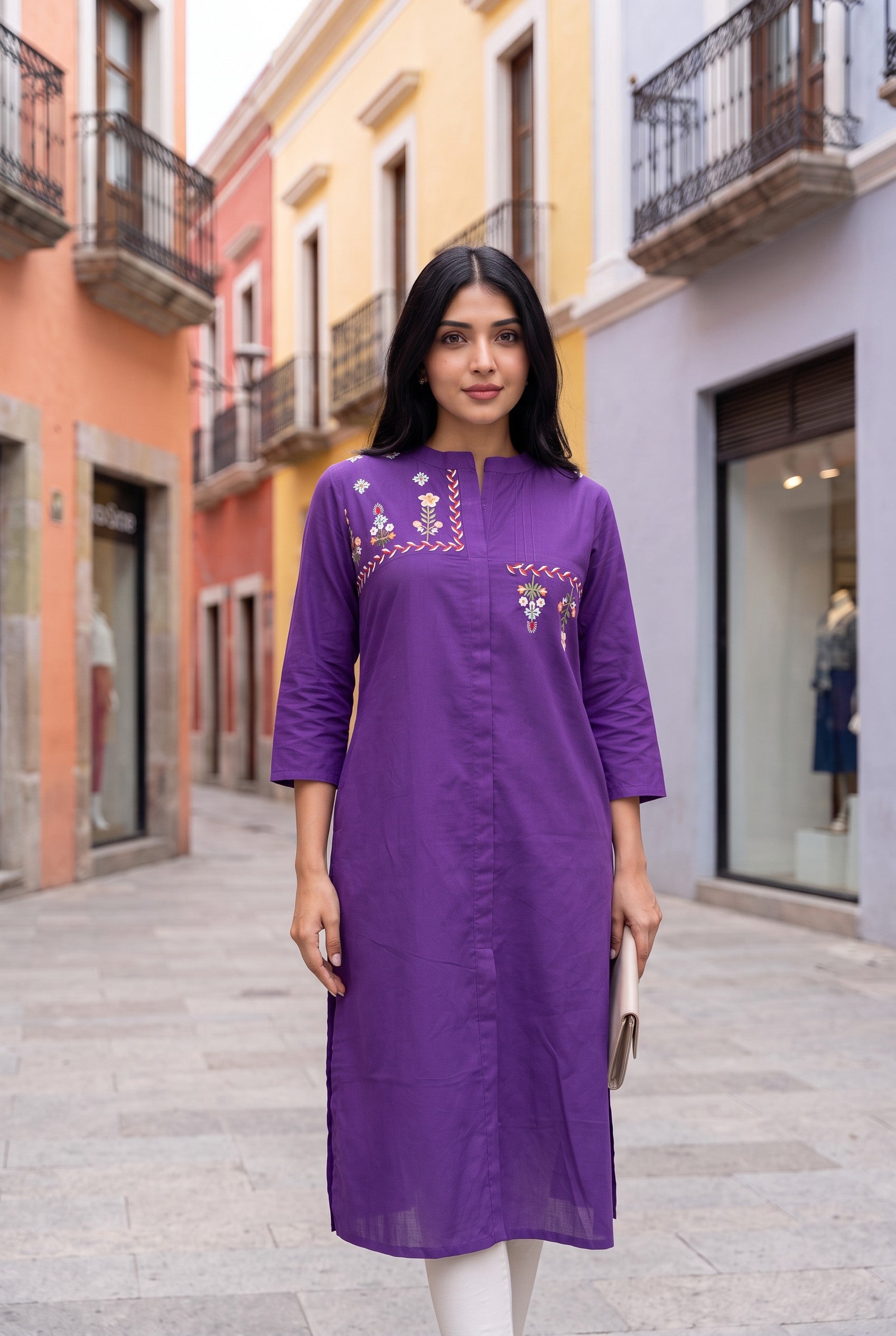Purple Cotton Embroidered Kurta