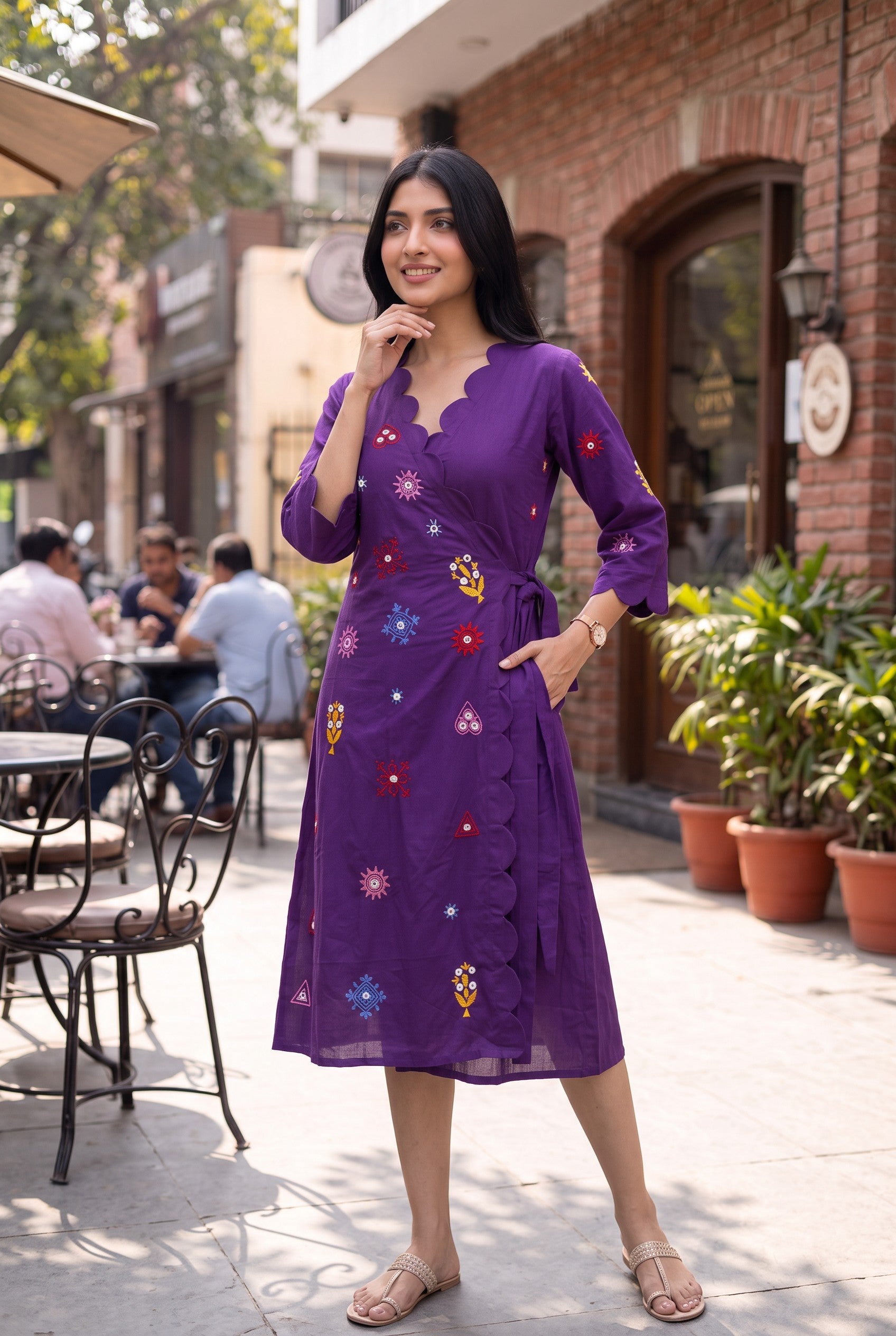 Purple Hand Embroidery With Mirror Work Wrap Dress