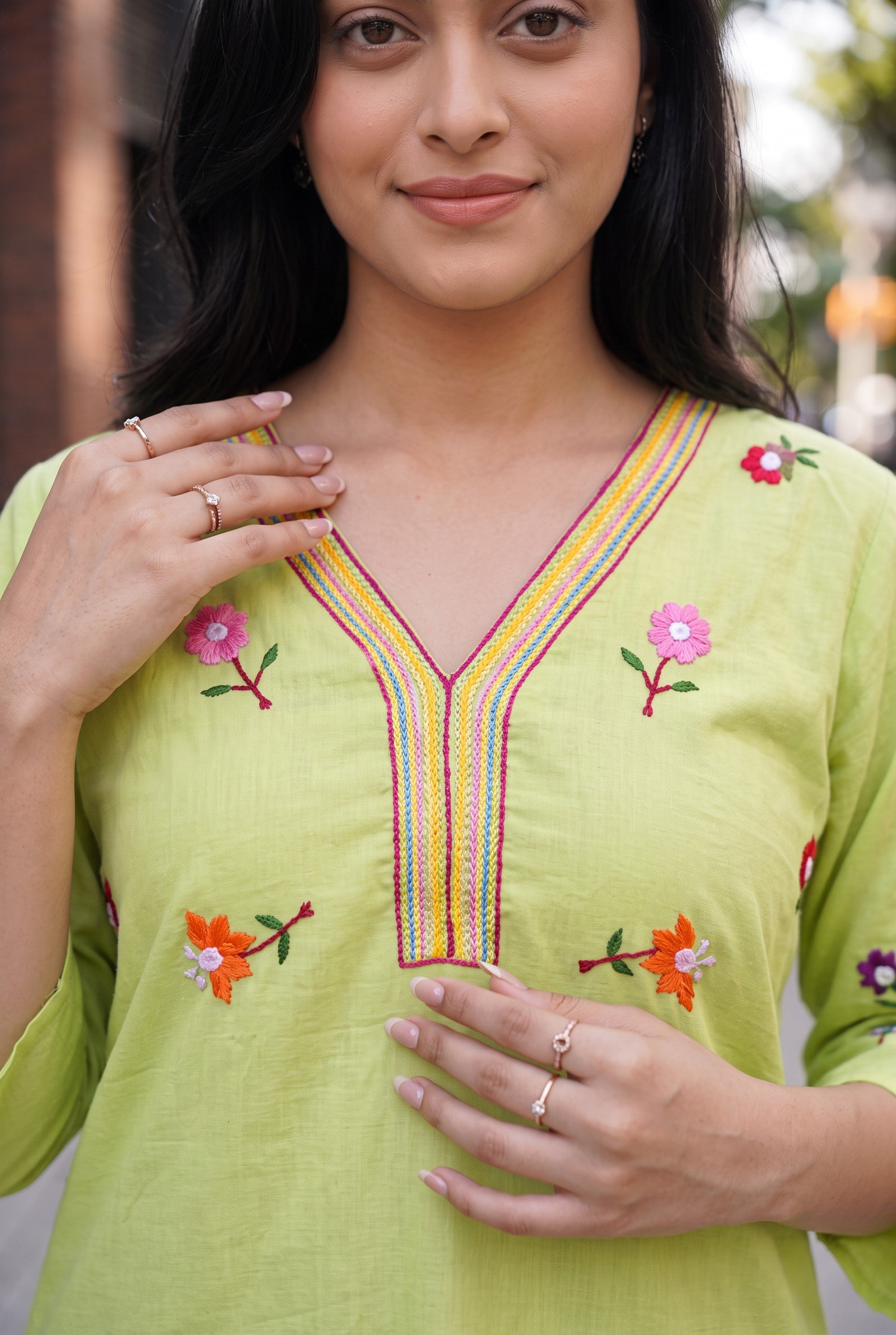 Lemon Green Colour Hand Embroidered Short Kurti