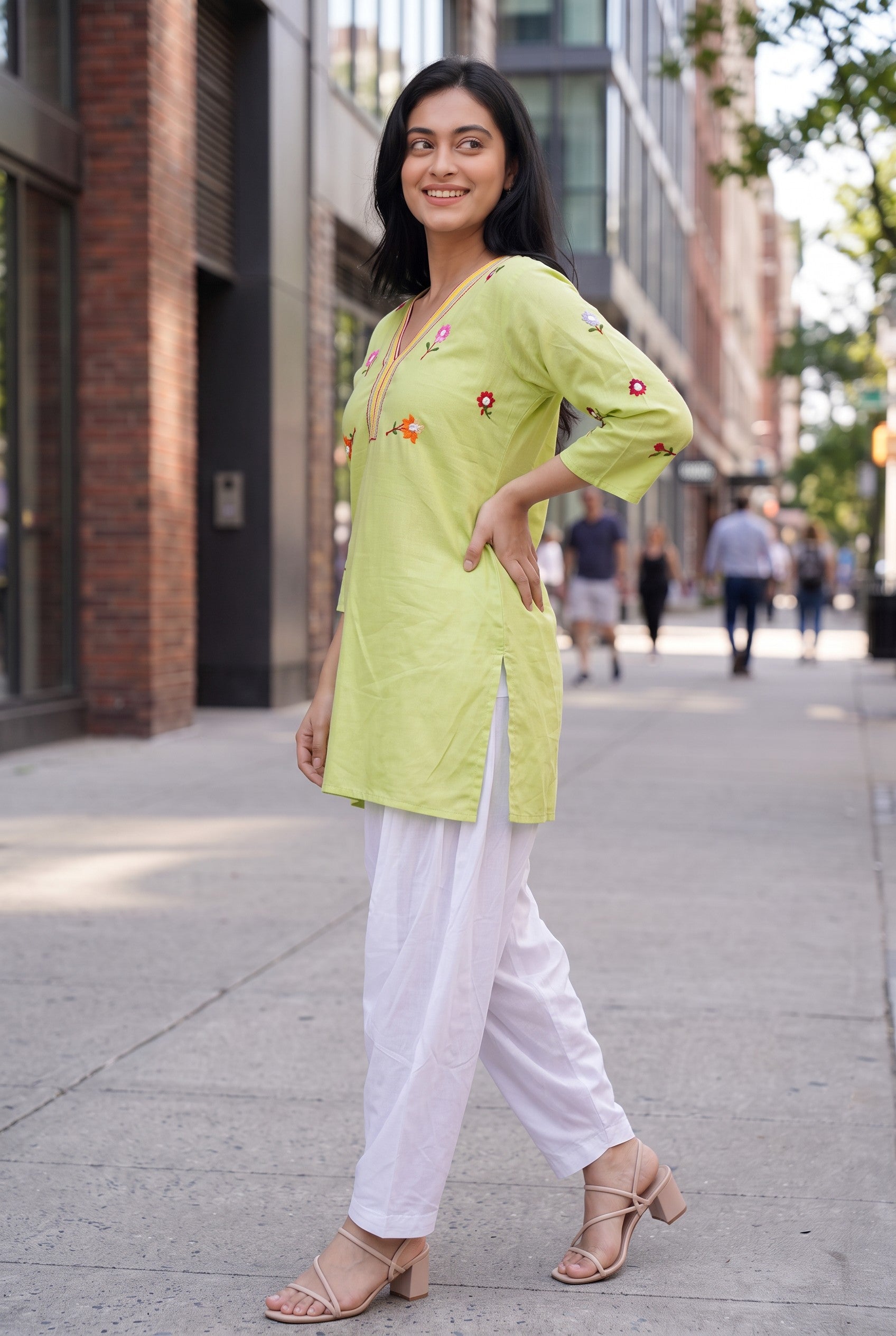 Lemon Green Colour Hand Embroidered Short Kurti